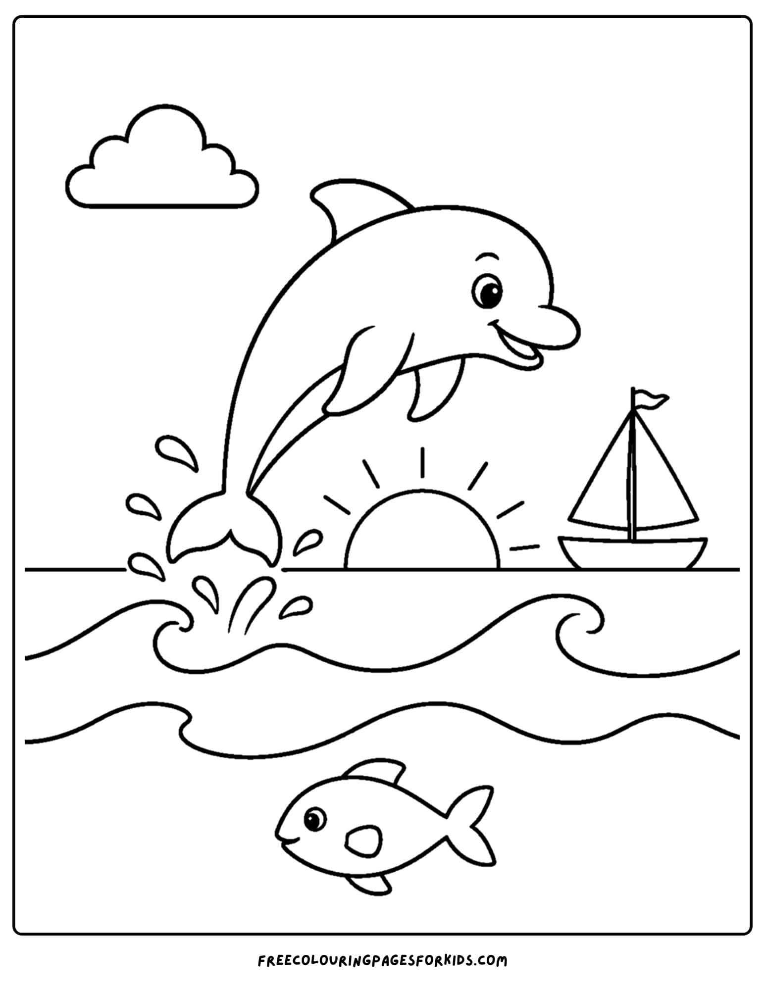 a coloring page of a dolphin jumping from the water over the setting sun