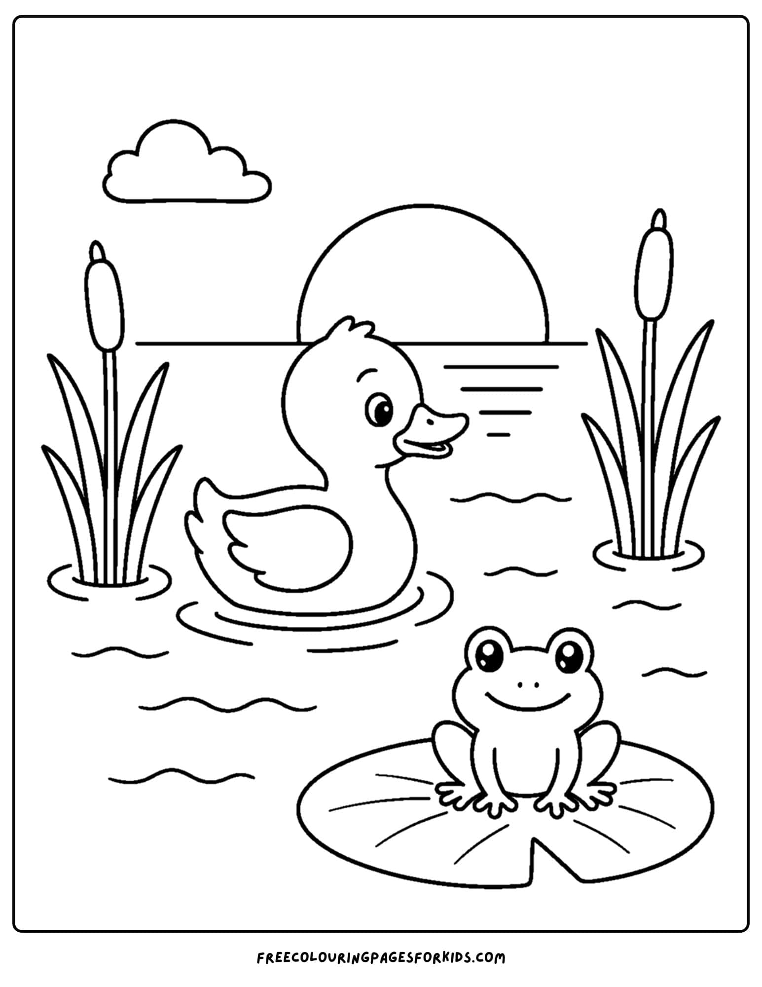 a coloring page of a duck on a pond at sunset