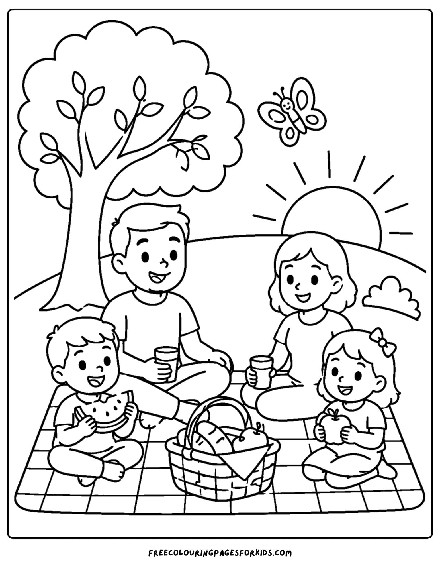 a coloring page of a family picnic scene at sunset