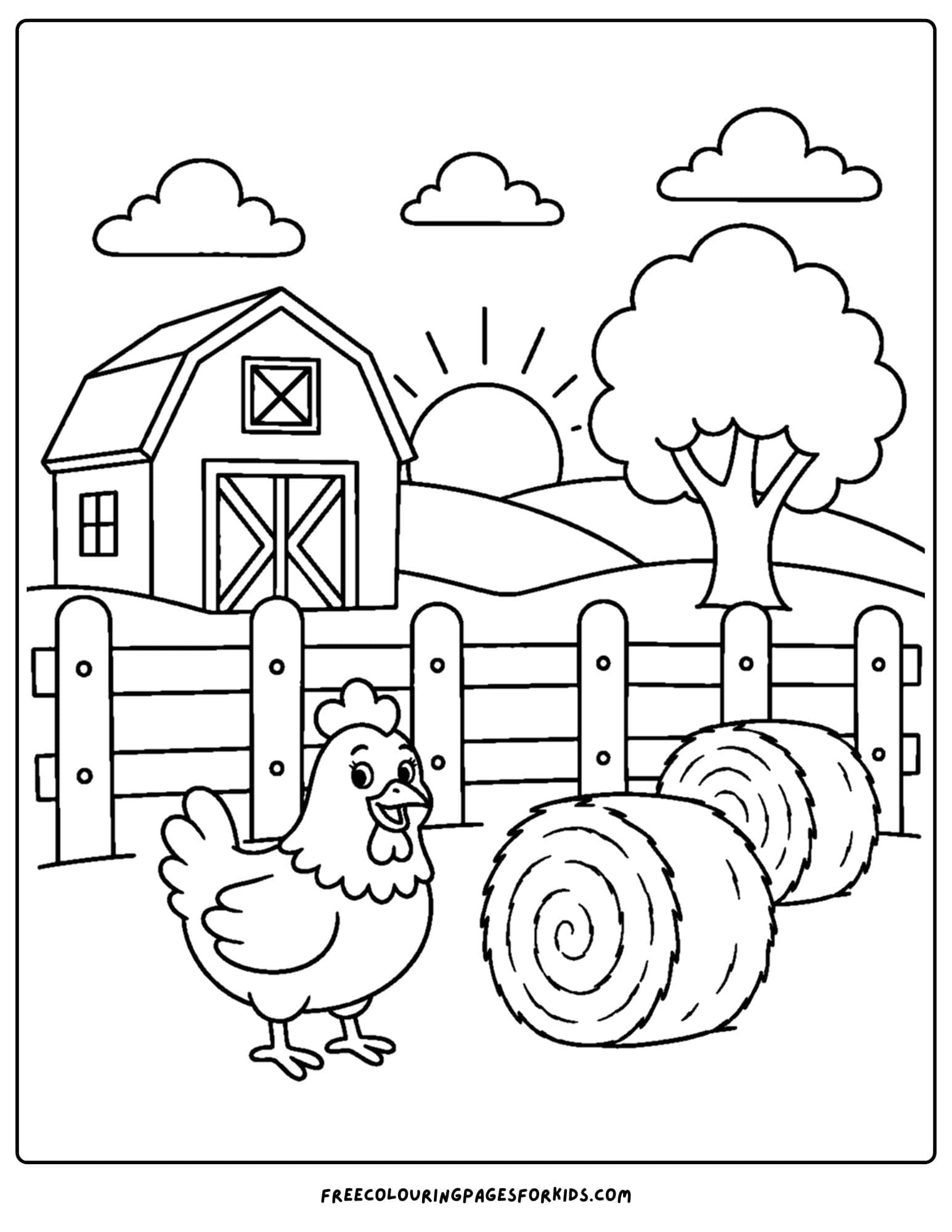 a coloring page of a farm with barn and animals at sunset