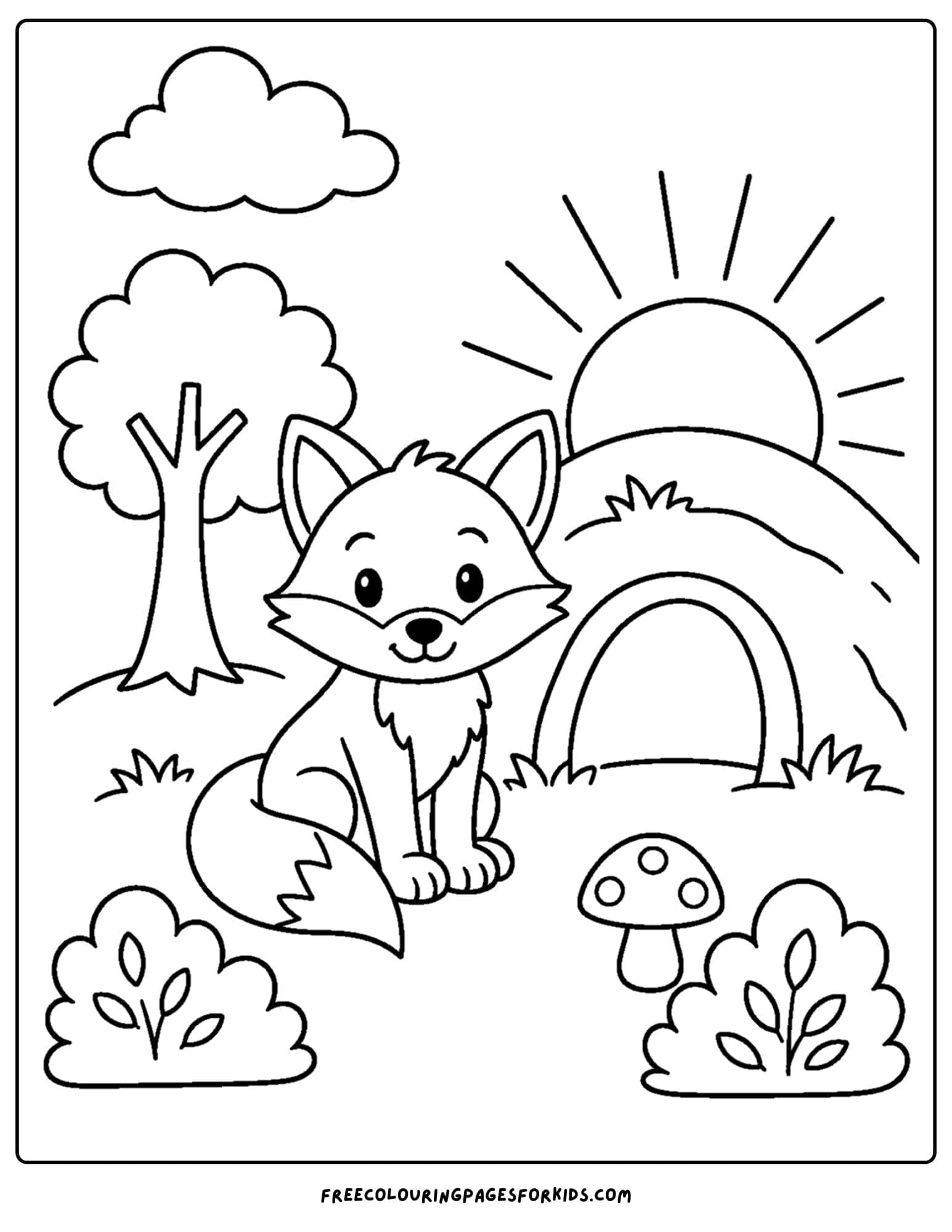 a coloring page of a fox outside its den at sunset