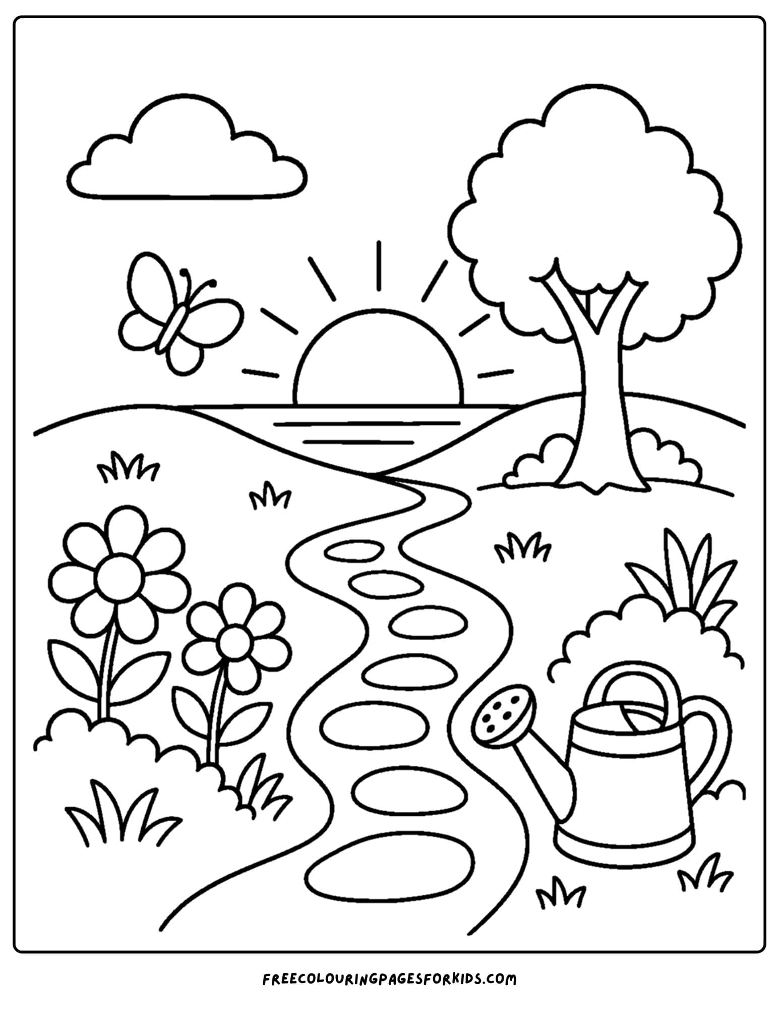 a coloring page of a garden path leading to a pretty sunset