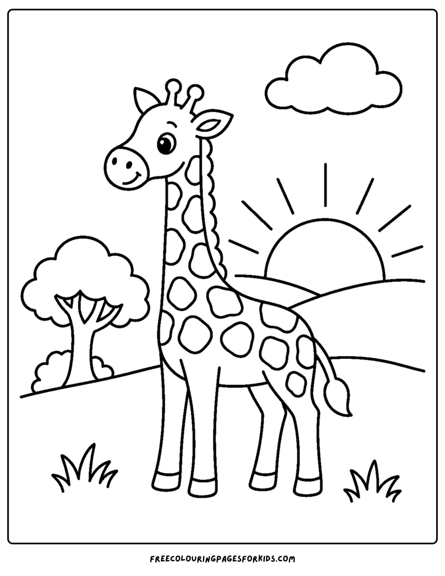 a coloring page of a giraffe on the savanna at sunset