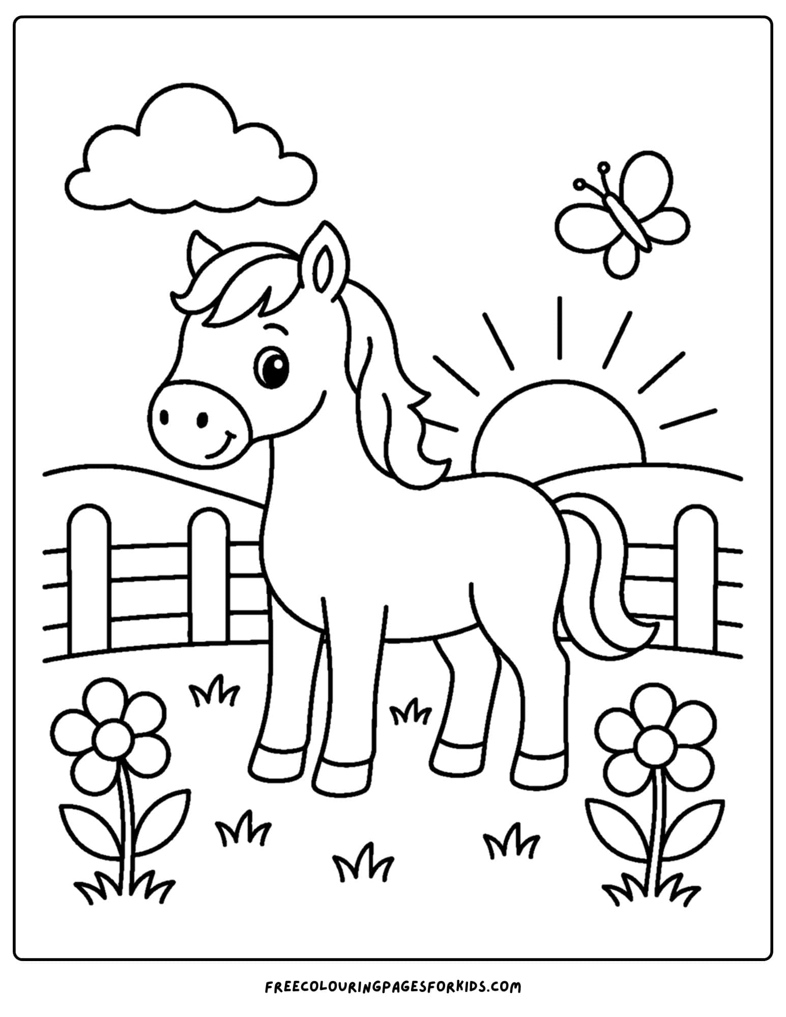 a coloring page of a horse in a meadow at sunset