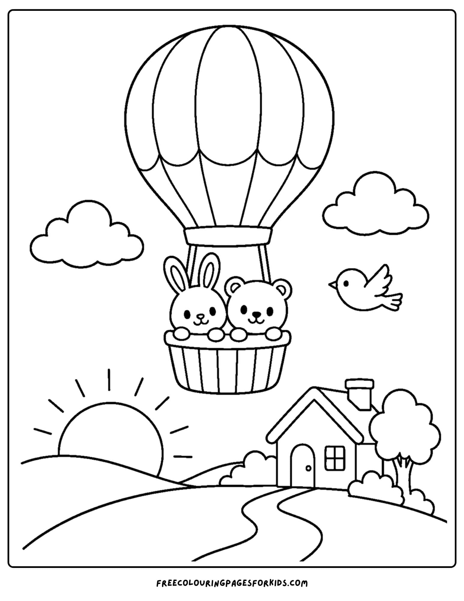 a coloring page of a hot air balloon flying at sunset