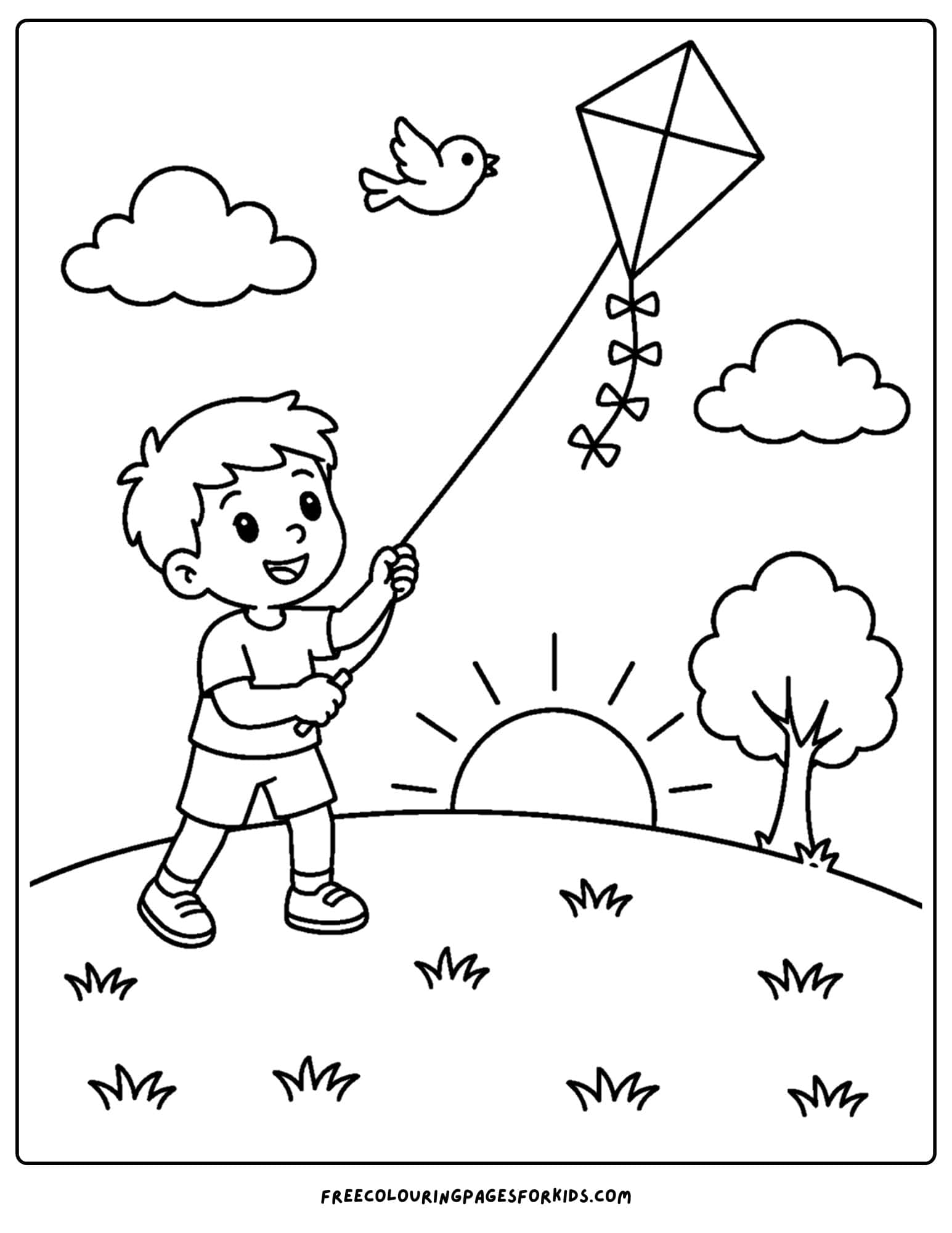a coloring page of a child flying a kite at sunset