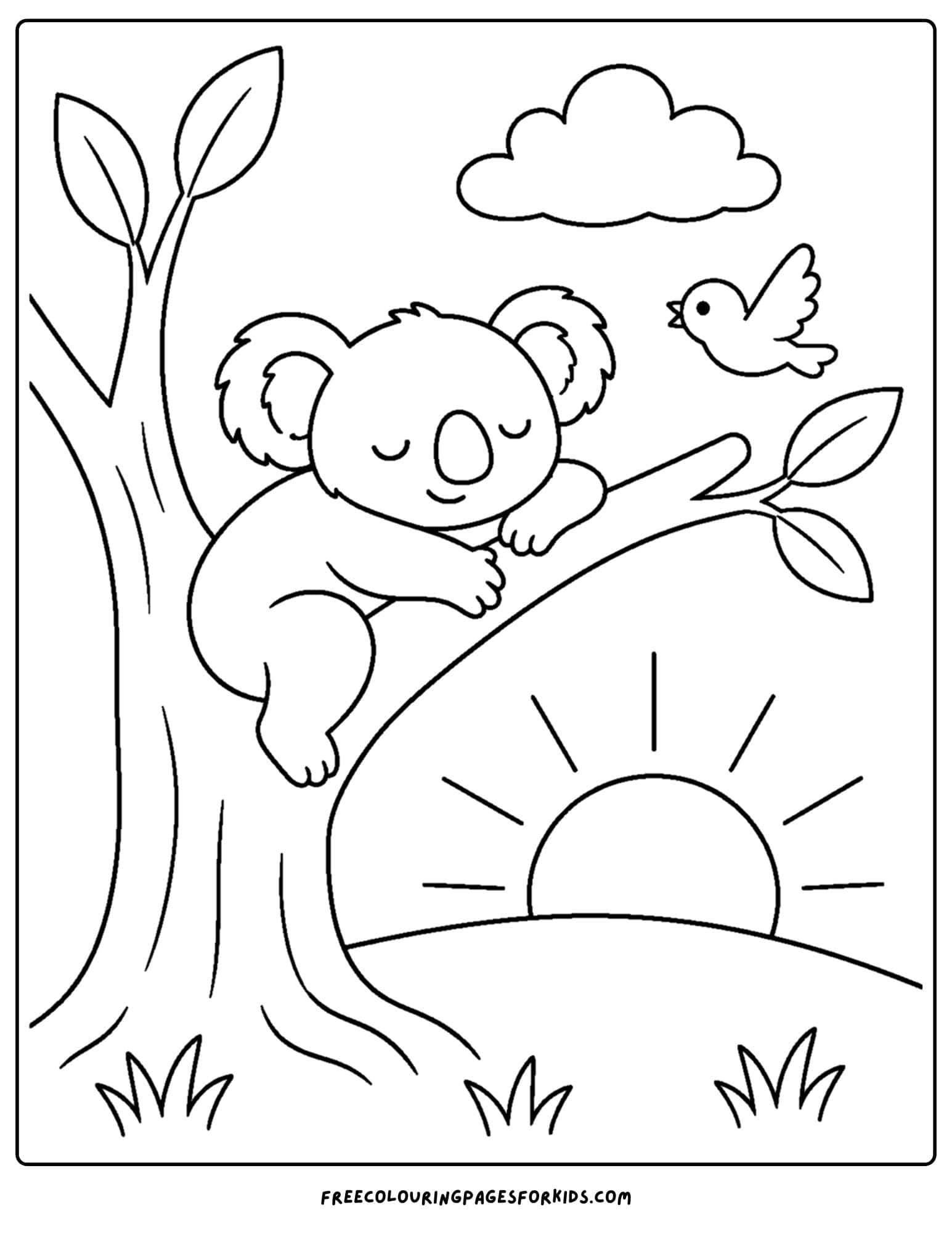 a coloring page of a koala sleeping in a tree at sunset