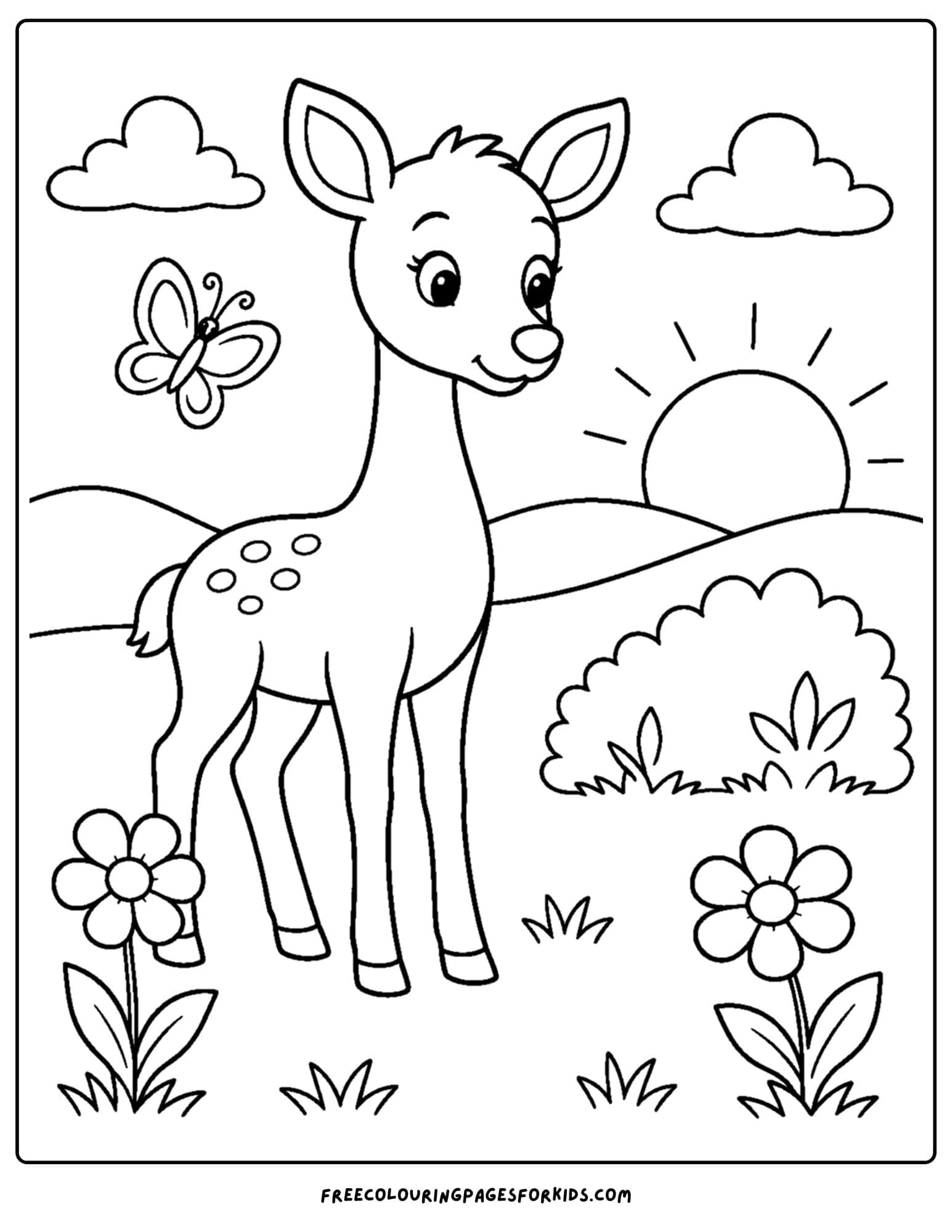 a coloring page of a deer in a meadow at sunset