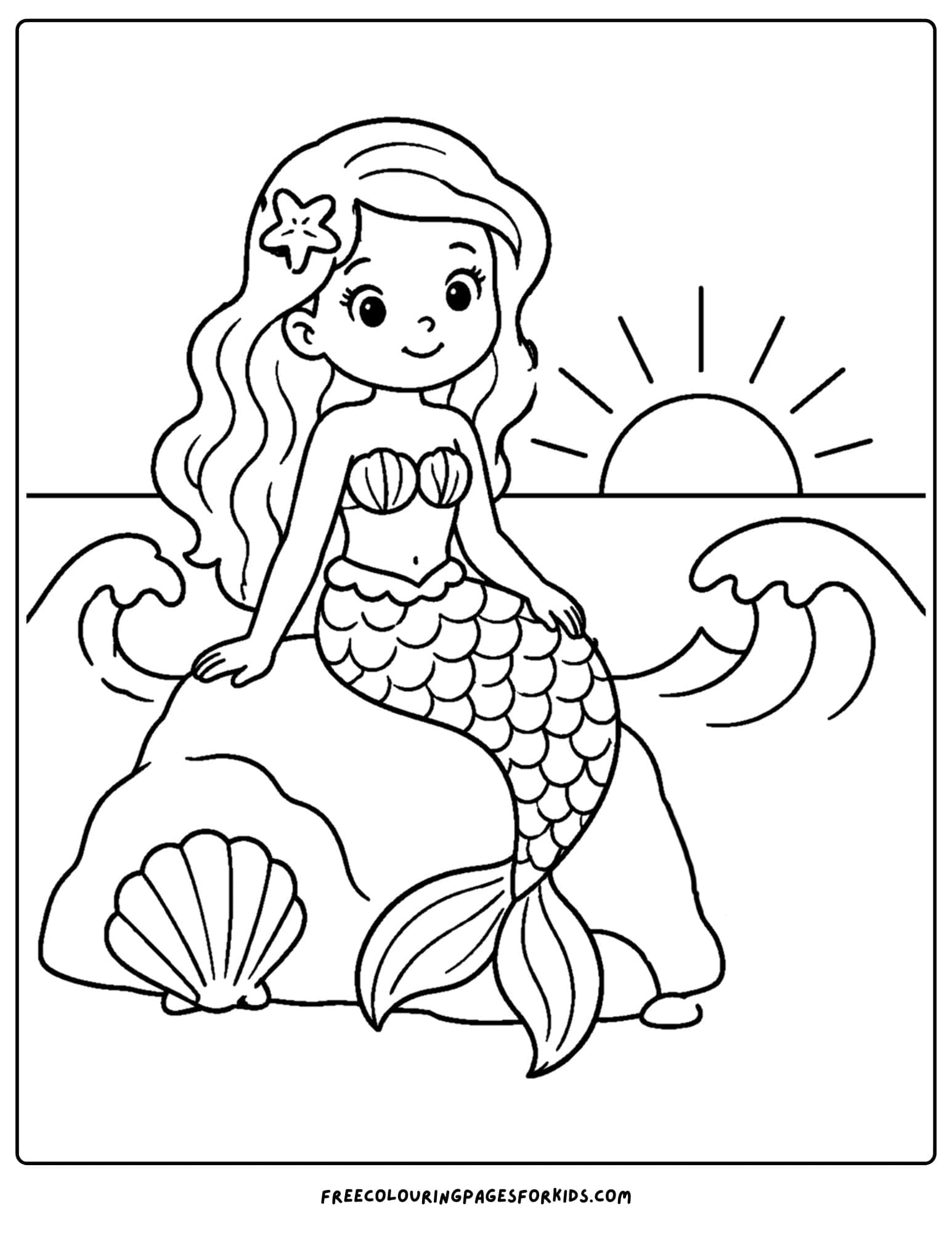 a coloring page of a mermaid on a rock at sunset