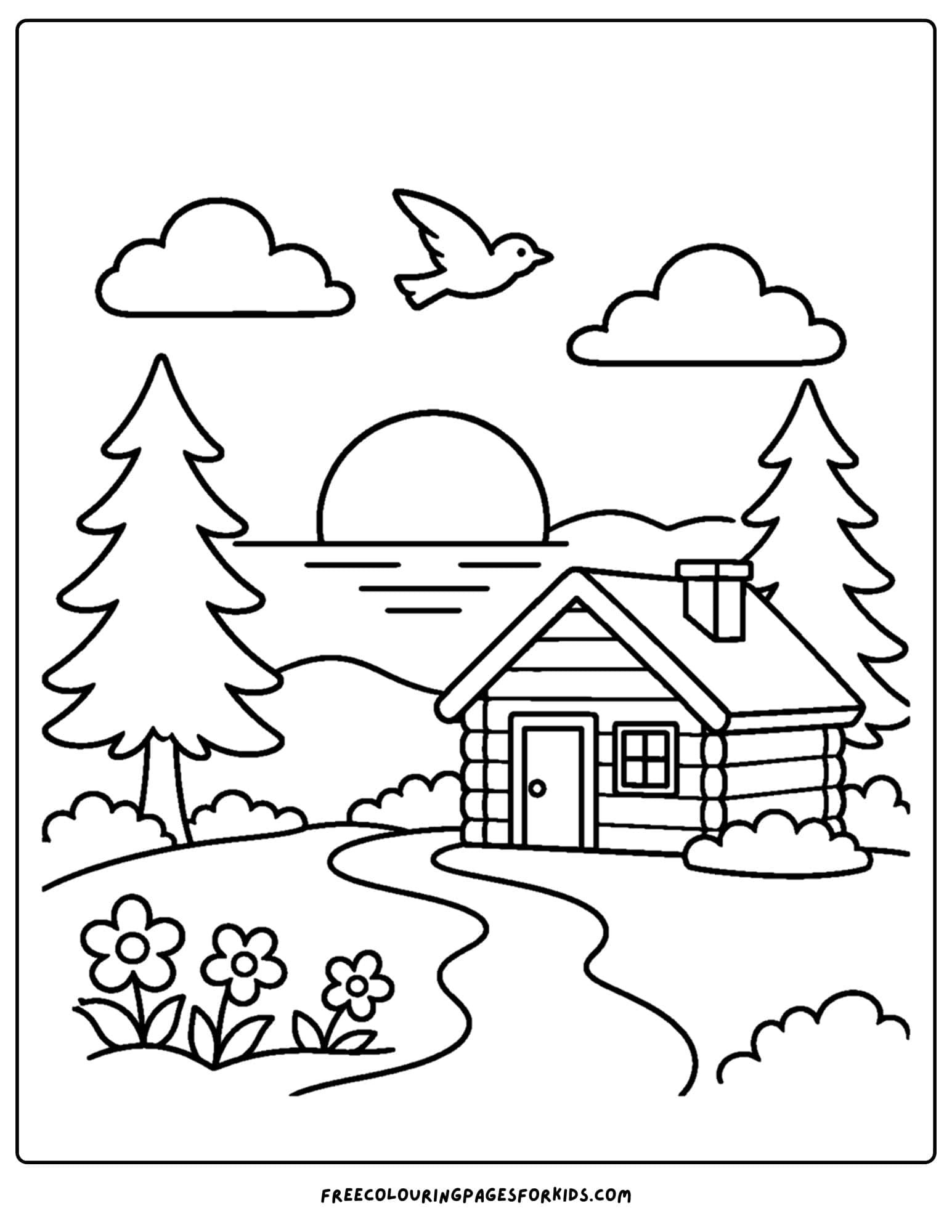 a coloring page of a log cabin with a sunset behind it