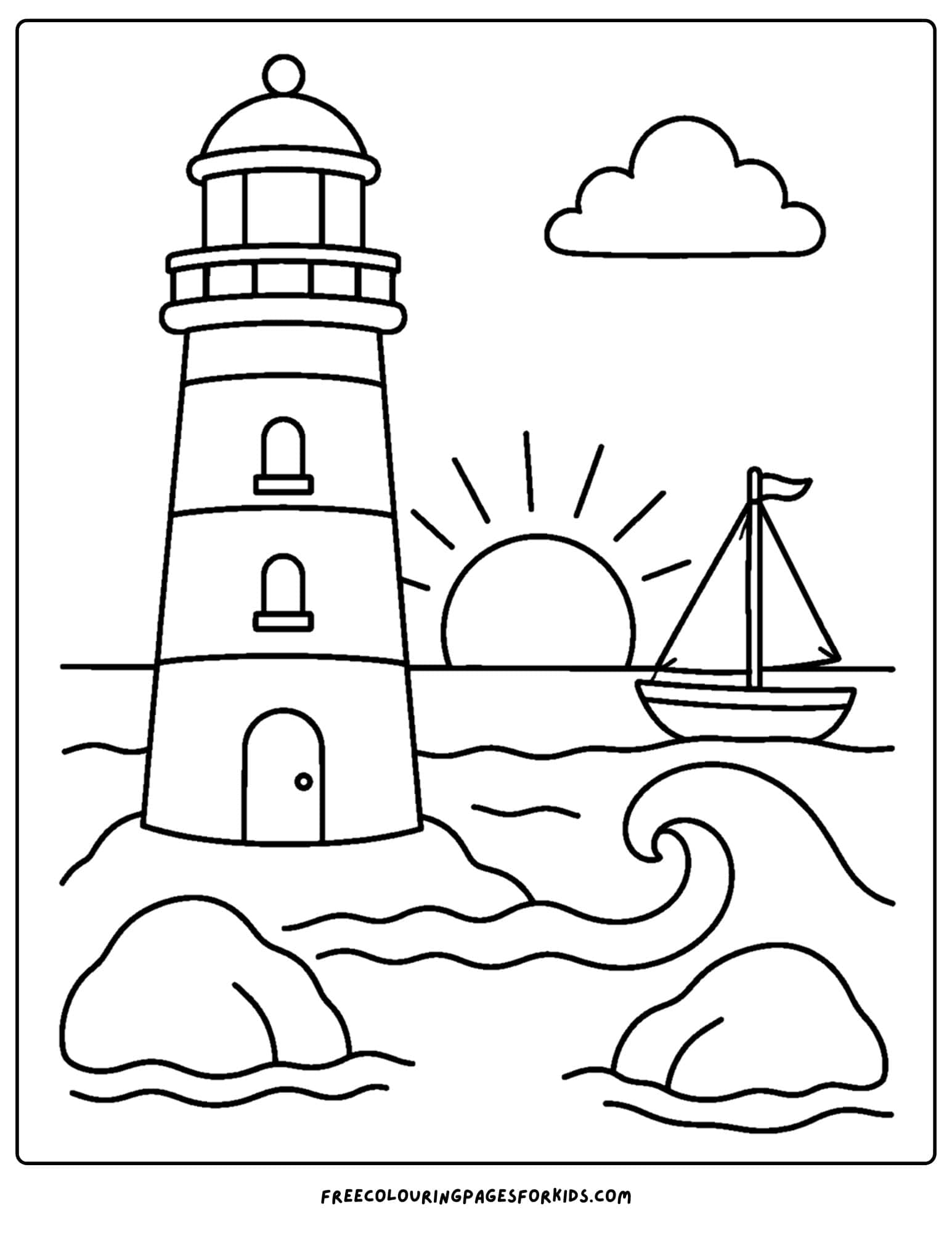 a coloring page of a lighthouse with the sunset behind it