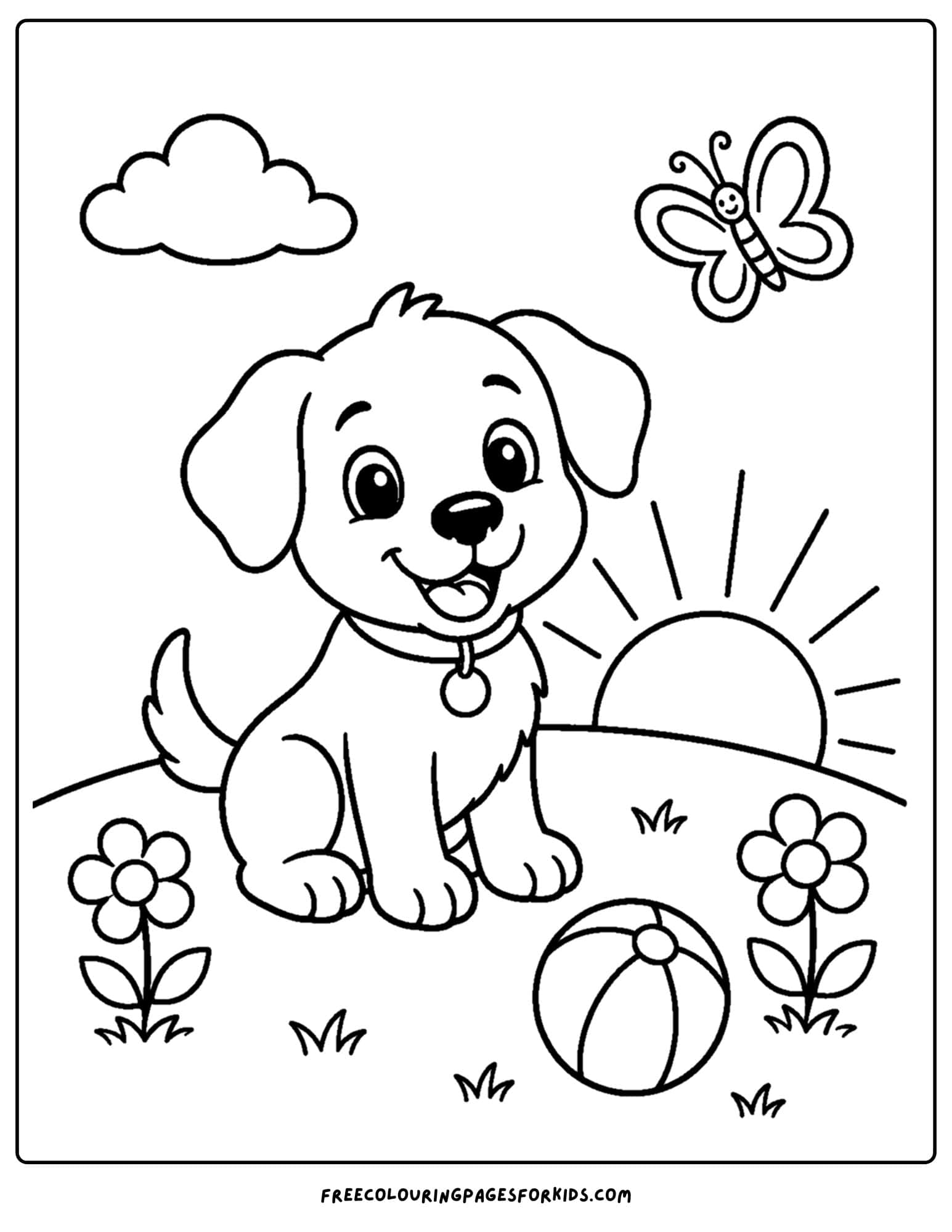 a coloring page of a puppy on a hill at sunset