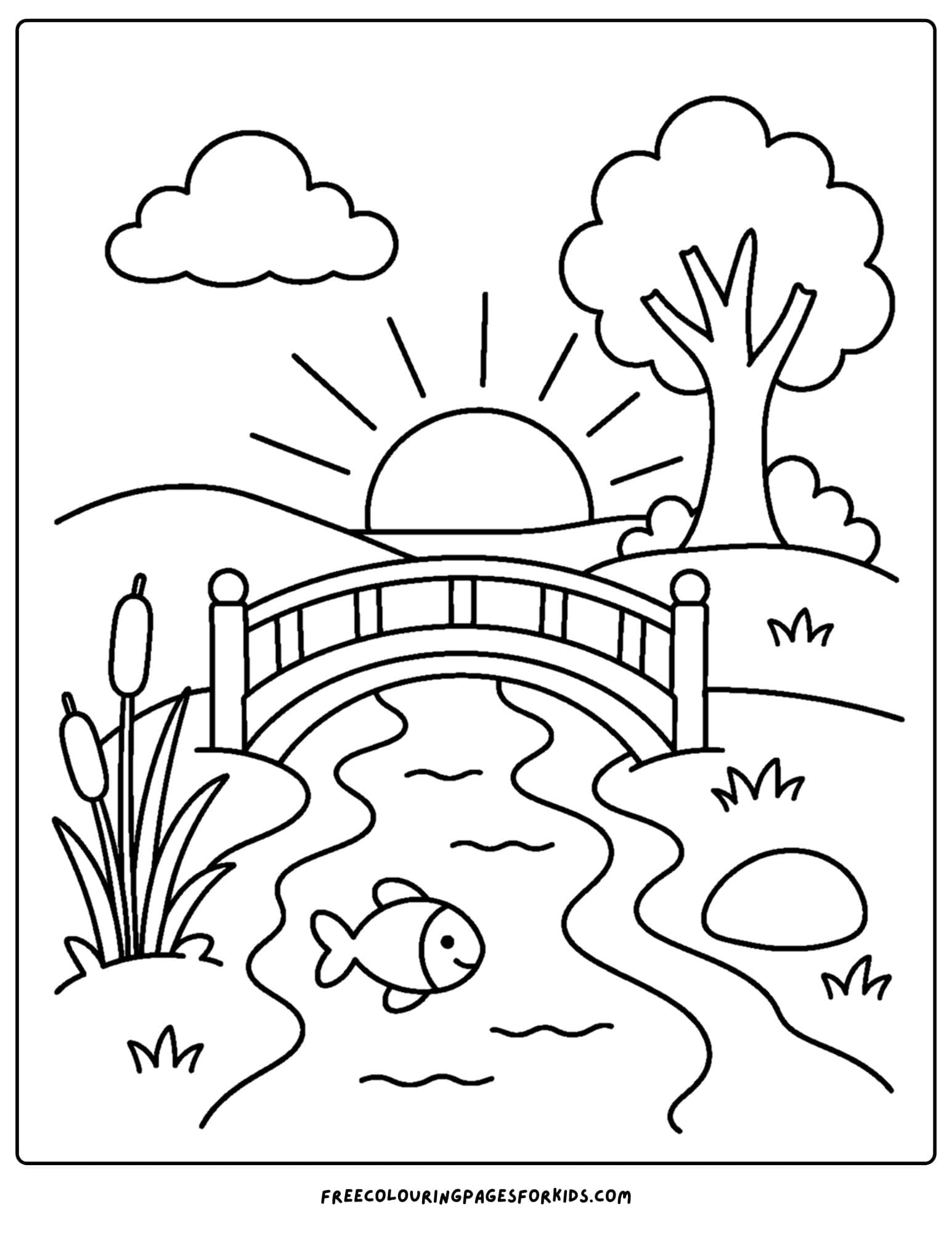 a coloring page of a bridge over a river at sunset