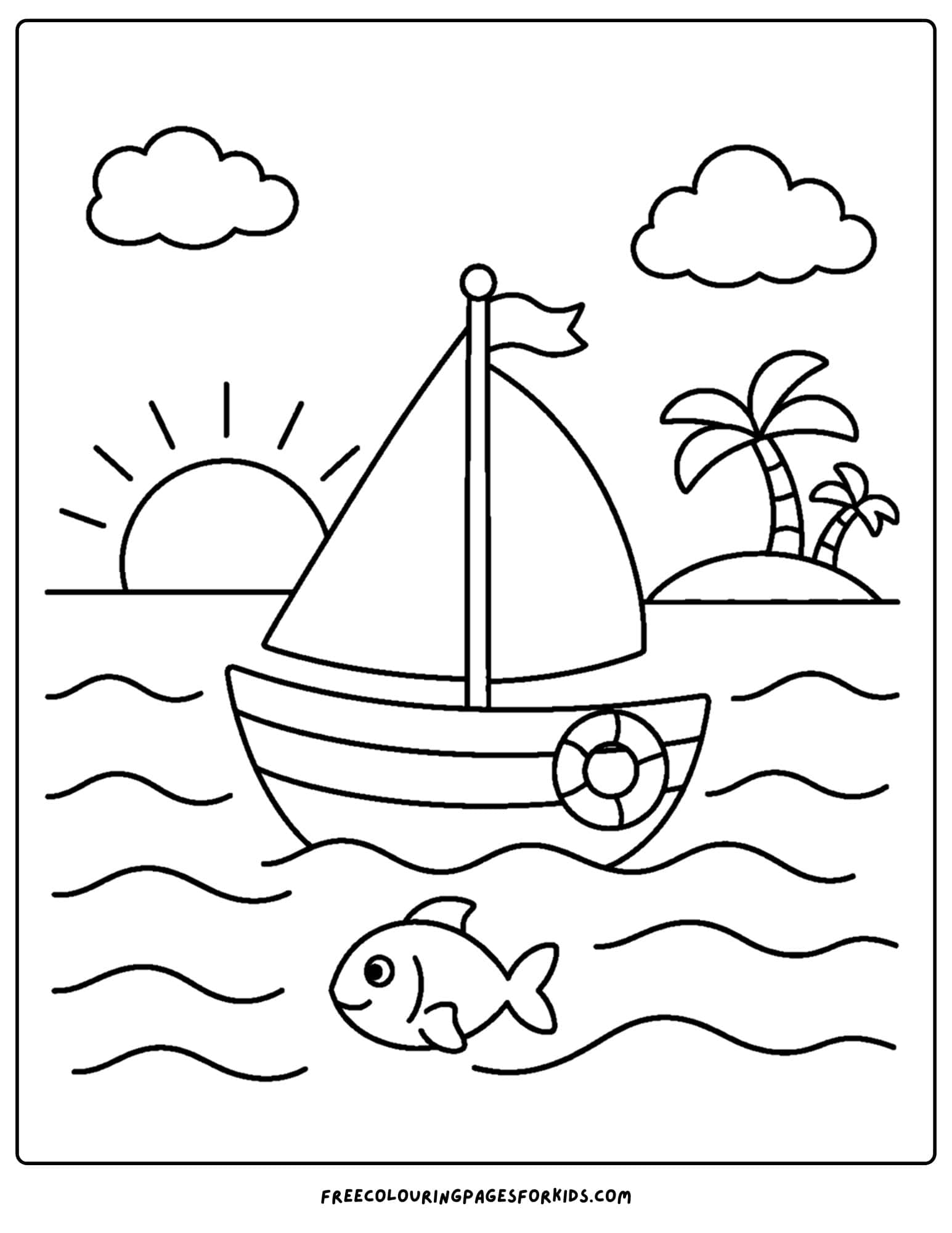 a coloring page of a sailboat on the water at sunset