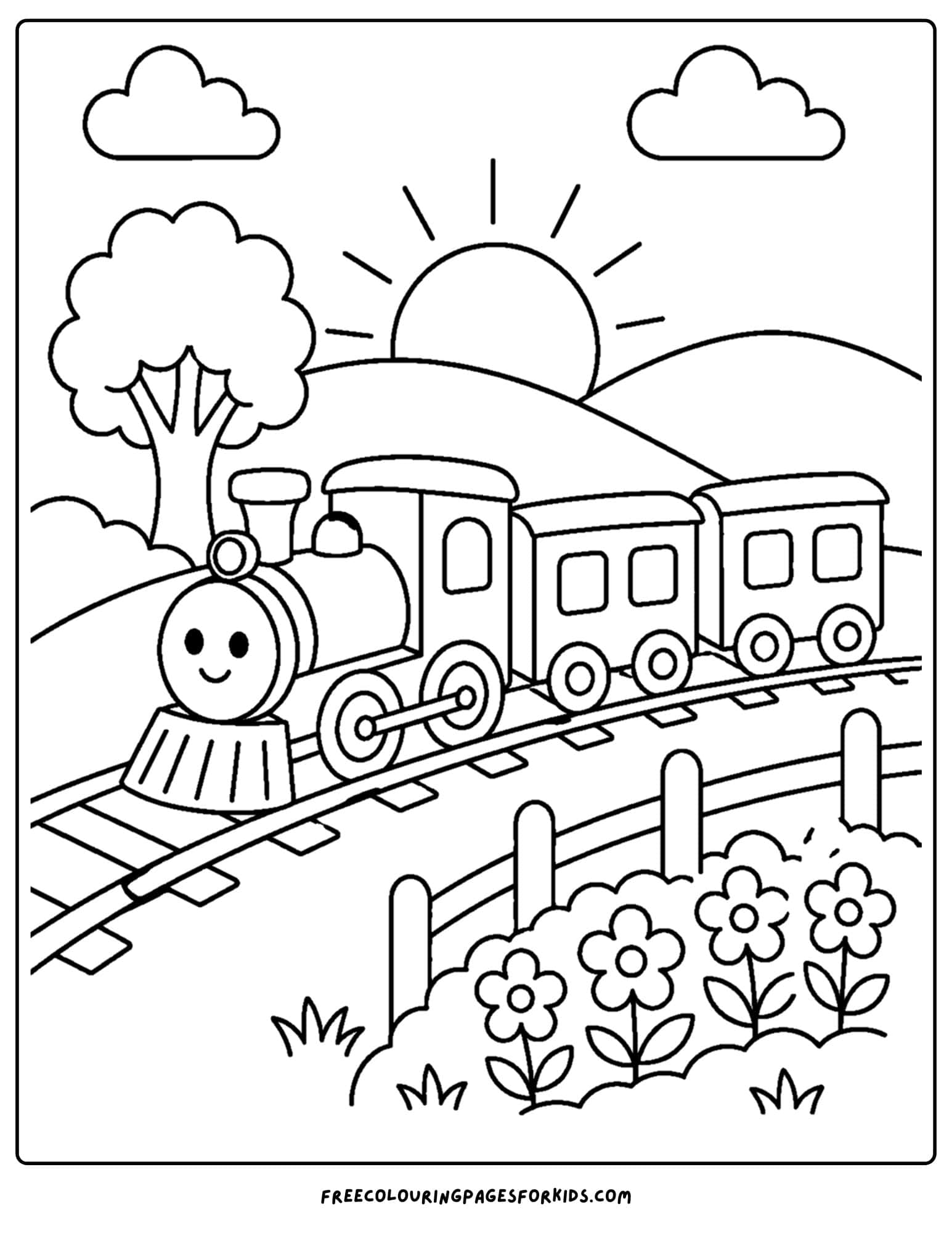 a coloring page of a train on the tracks at sunset