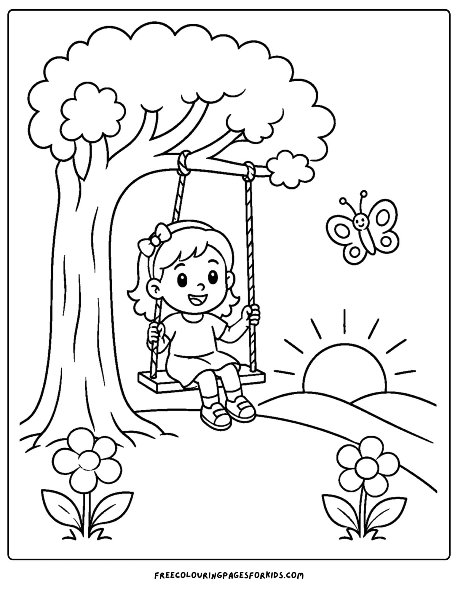a coloring page of a child on a tree swing at sunset