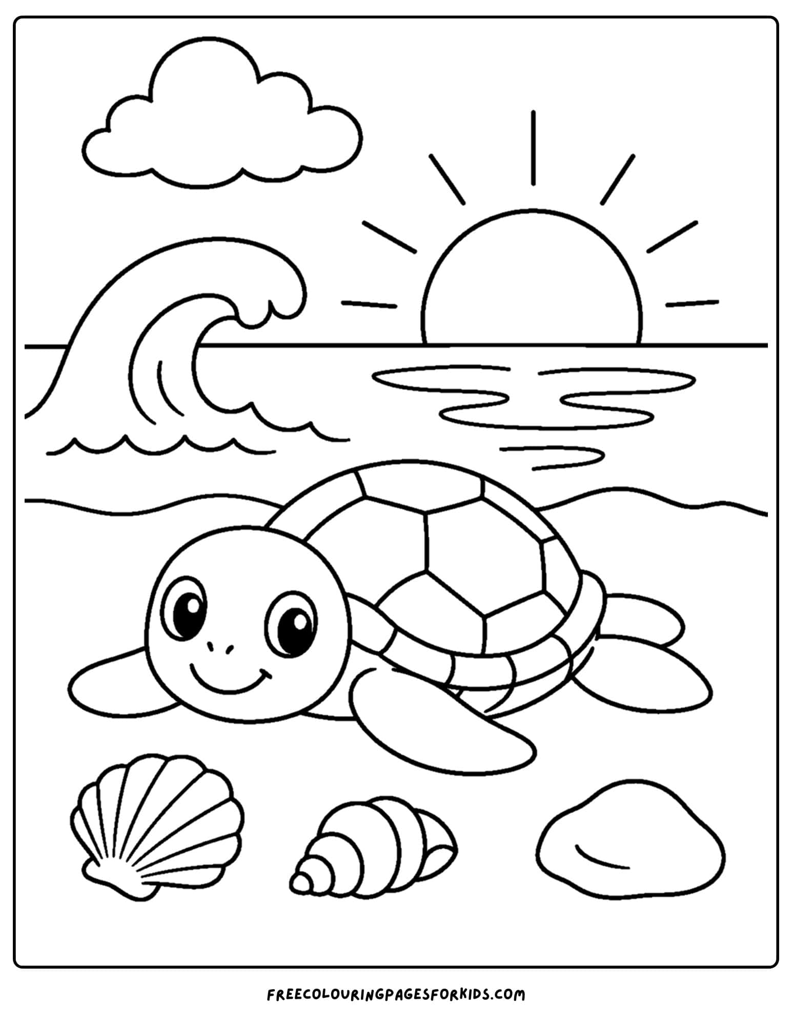 a coloring page of a turtle on the beach at sunset