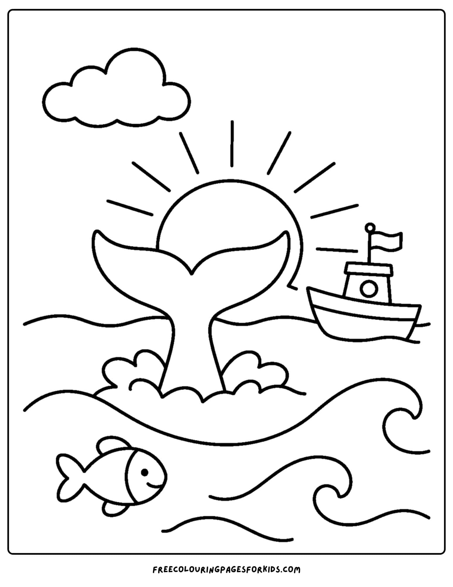 a coloring page of a whale tail in the ocean at sunset