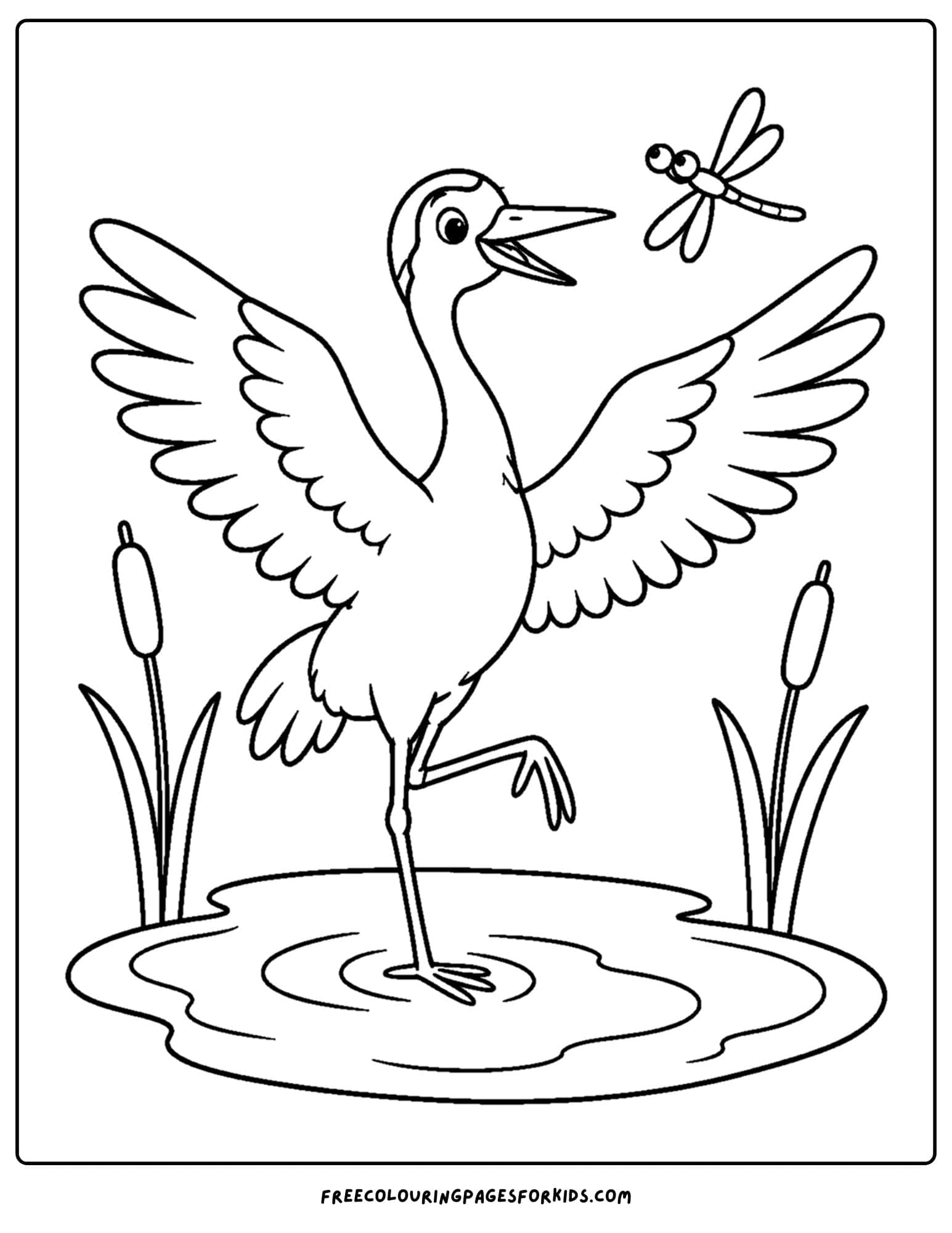 an australian animal coloring page featuring a brolga standing in a pond