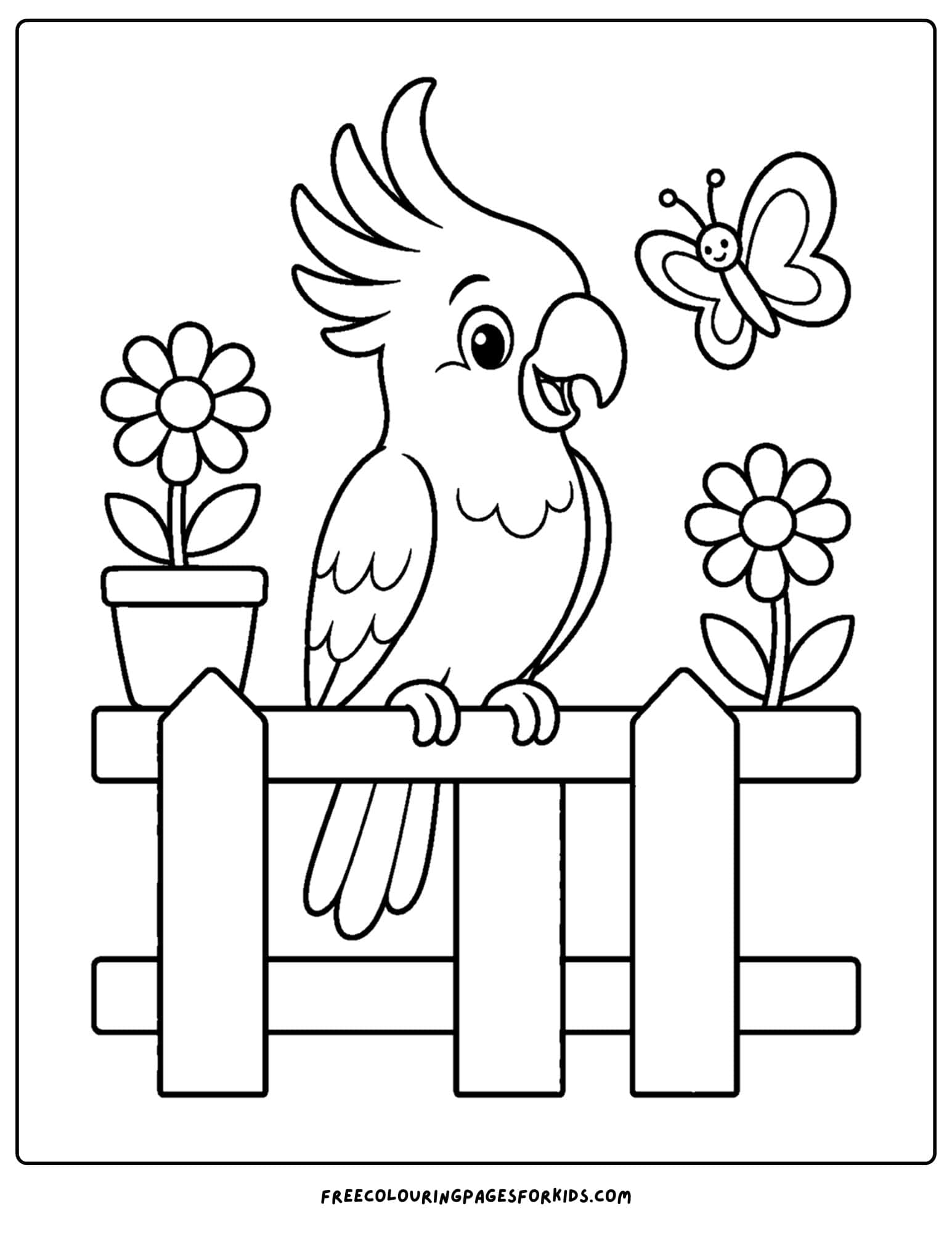 an australian animal coloring page featuring a cockatoo on a fence