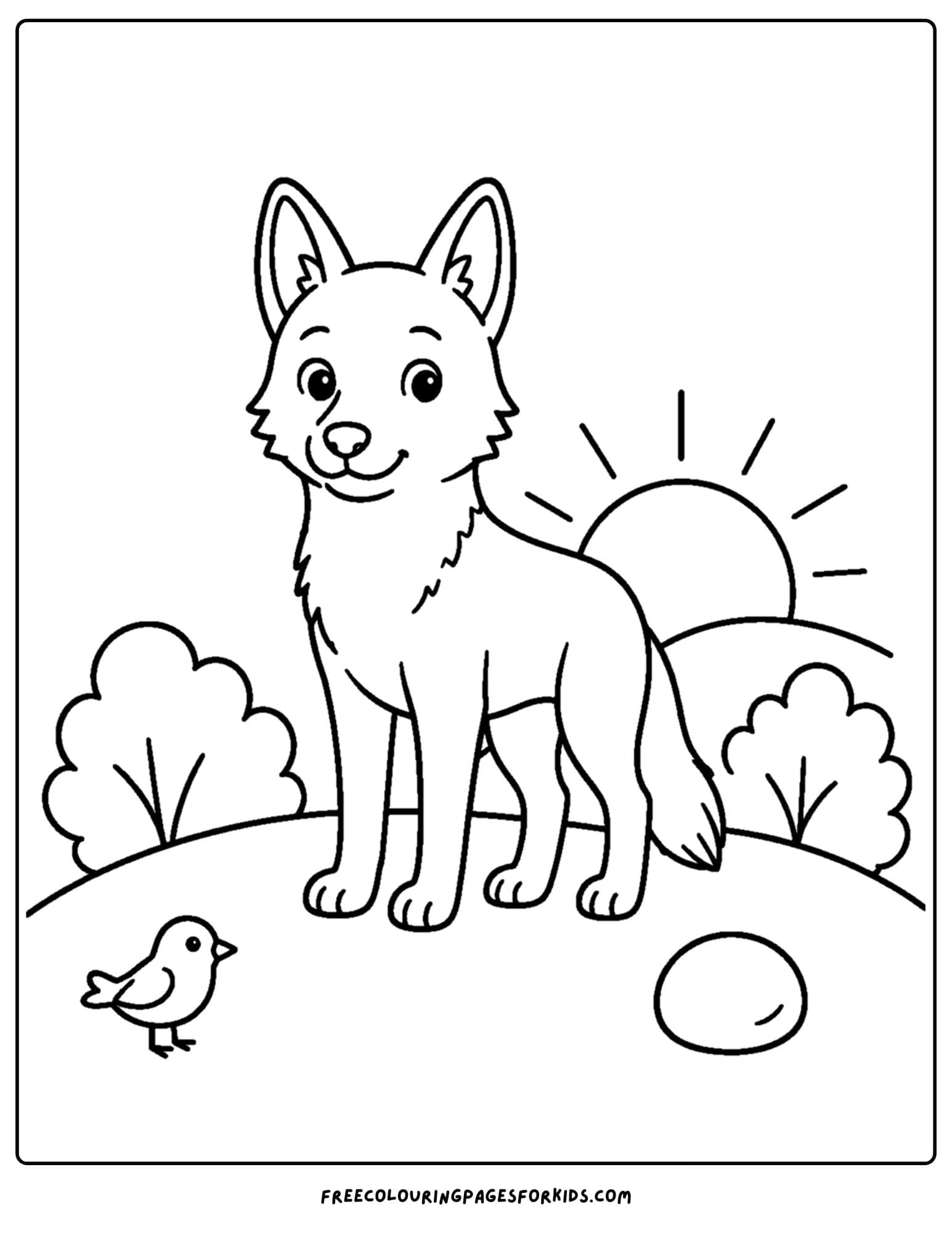 an australian animal coloring page featuring a dingo on a hill at sunrise
