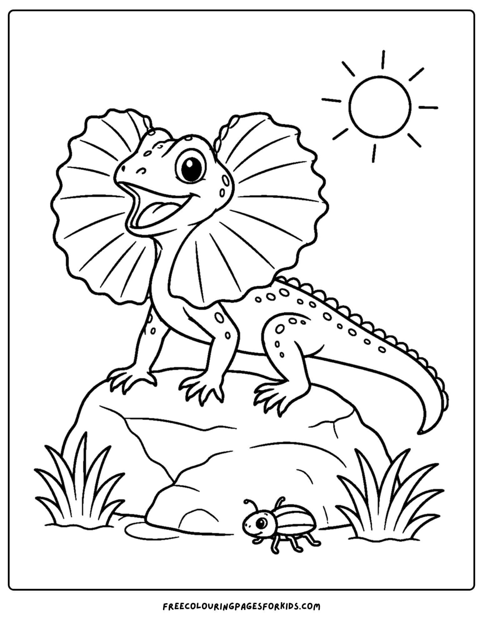 an australian animal coloring page featuring a frill neck lizard on a rock