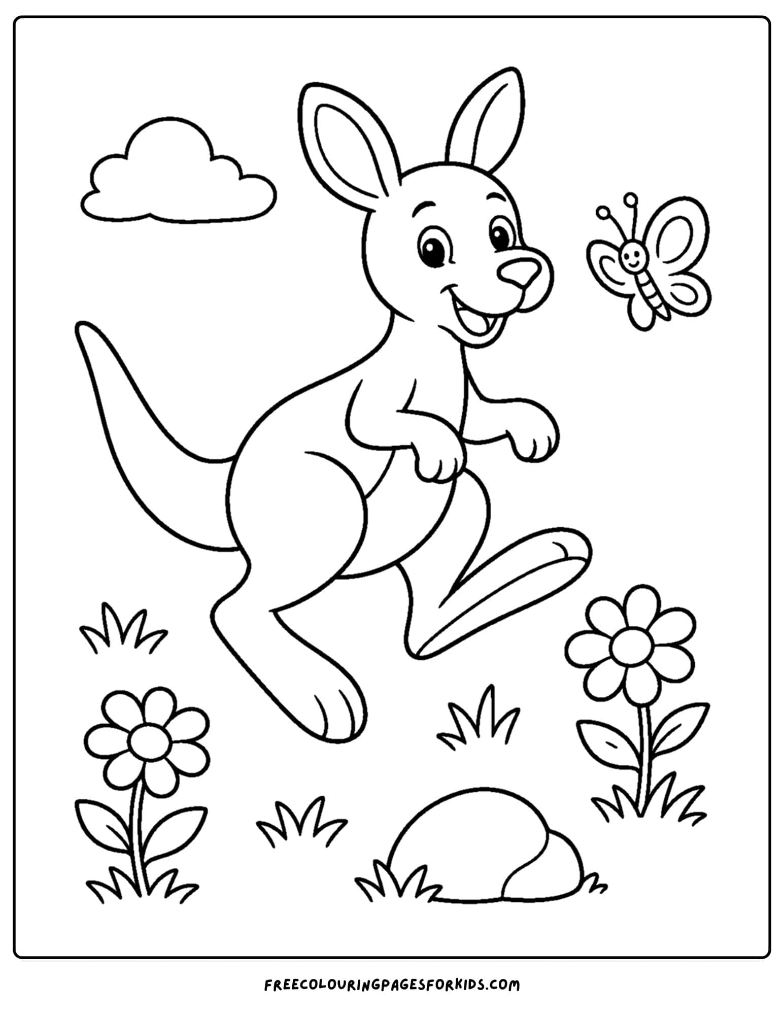 an australian animal coloring page featuring a kangaroo hopping in a meadow