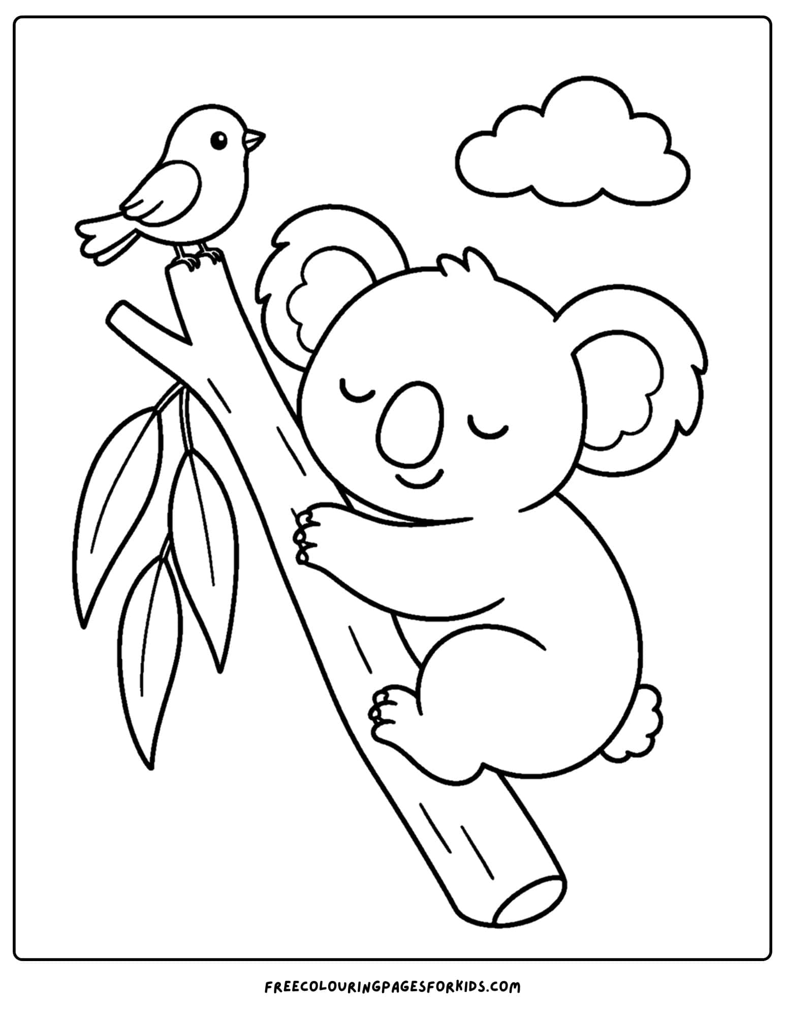 an australian animal coloring page featuring a koala sleeping in a gum tree