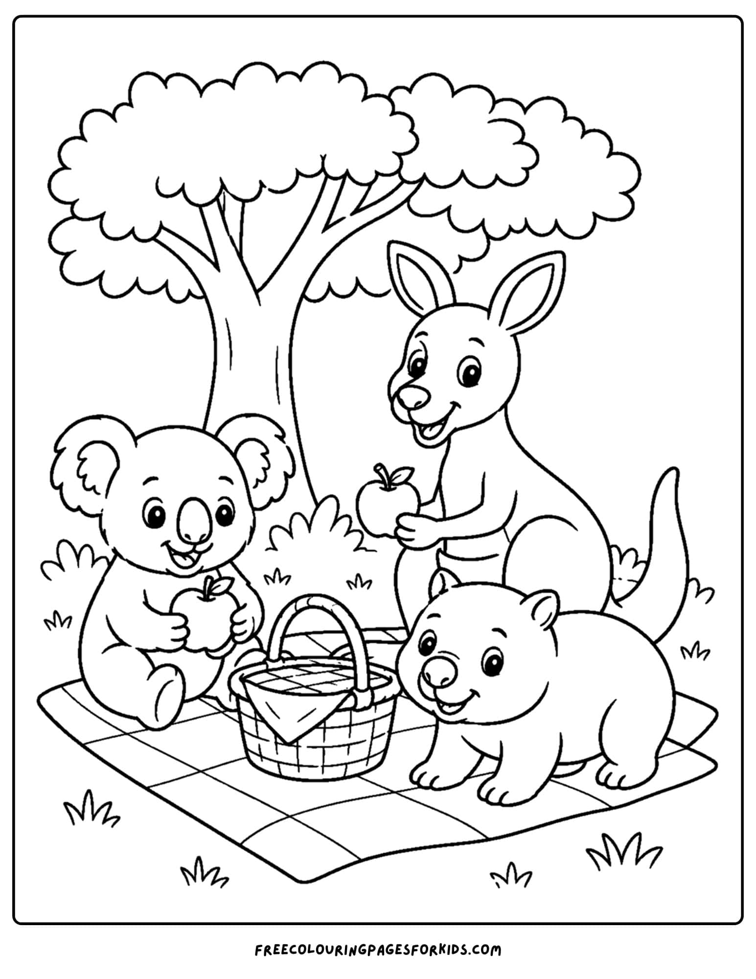 an australian animal coloring page featuring a koala, kangaroo and wombat having a picnic