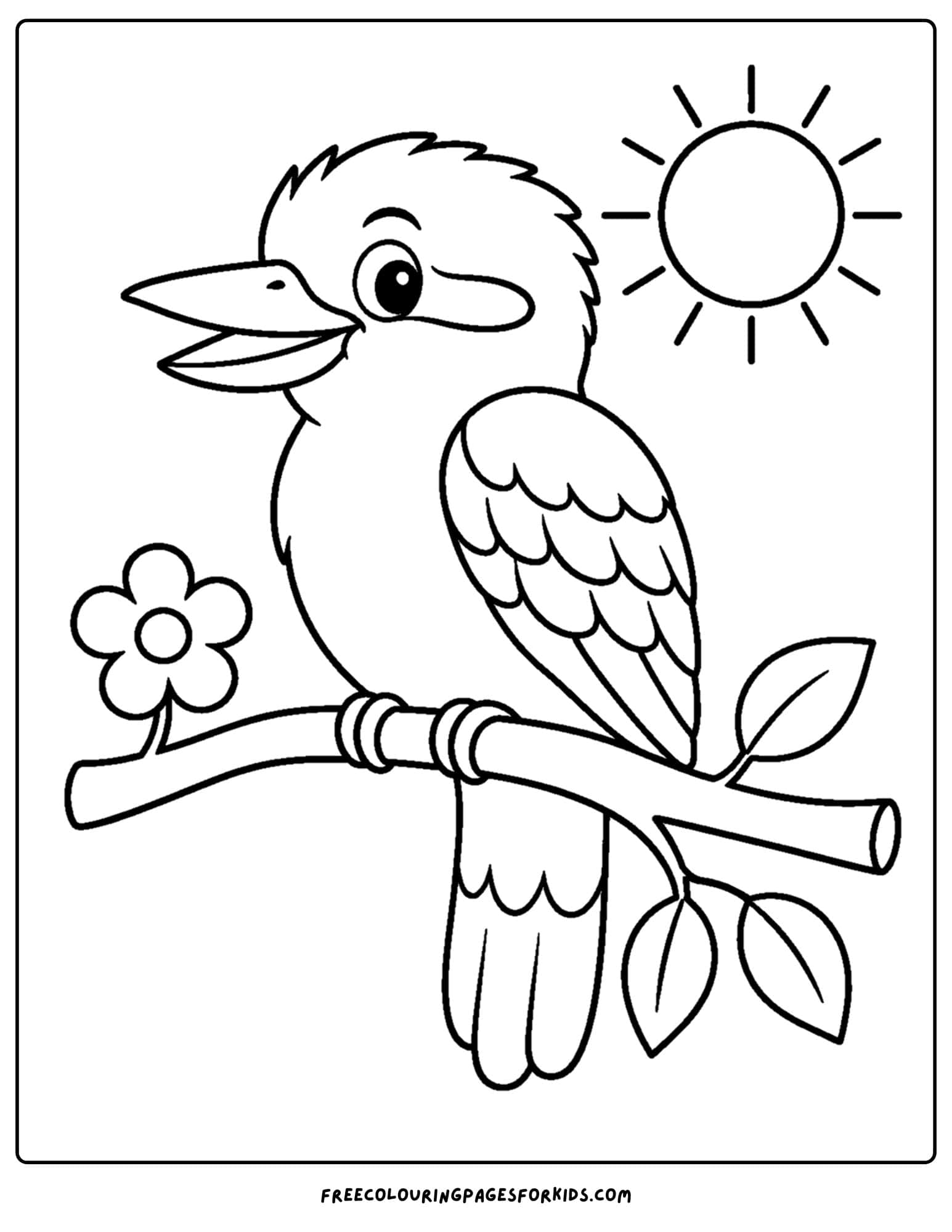 an australian animal coloring page featuring a kookaburra perched on a branch