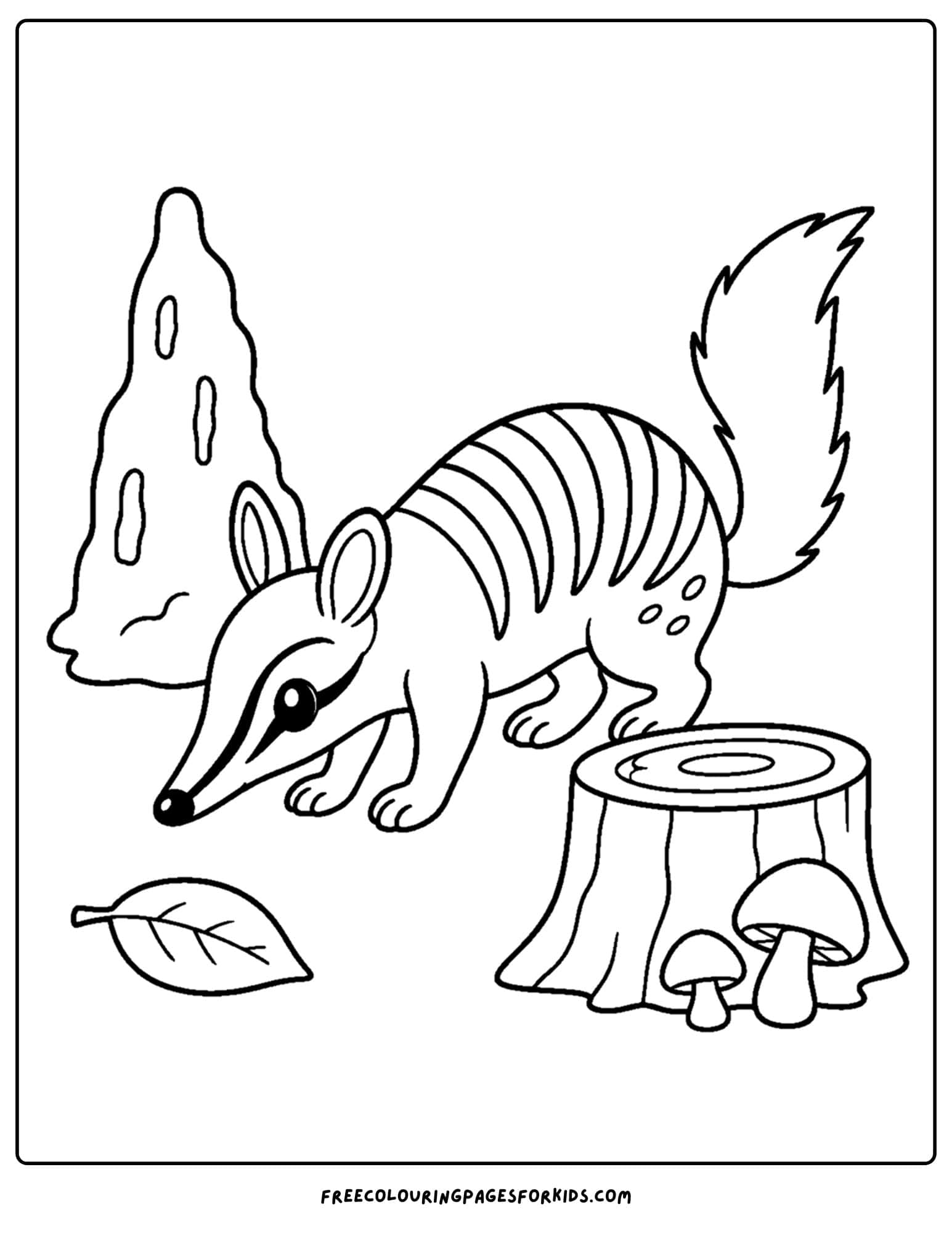 an australian animal coloring page featuring a numbat beside a tree stump