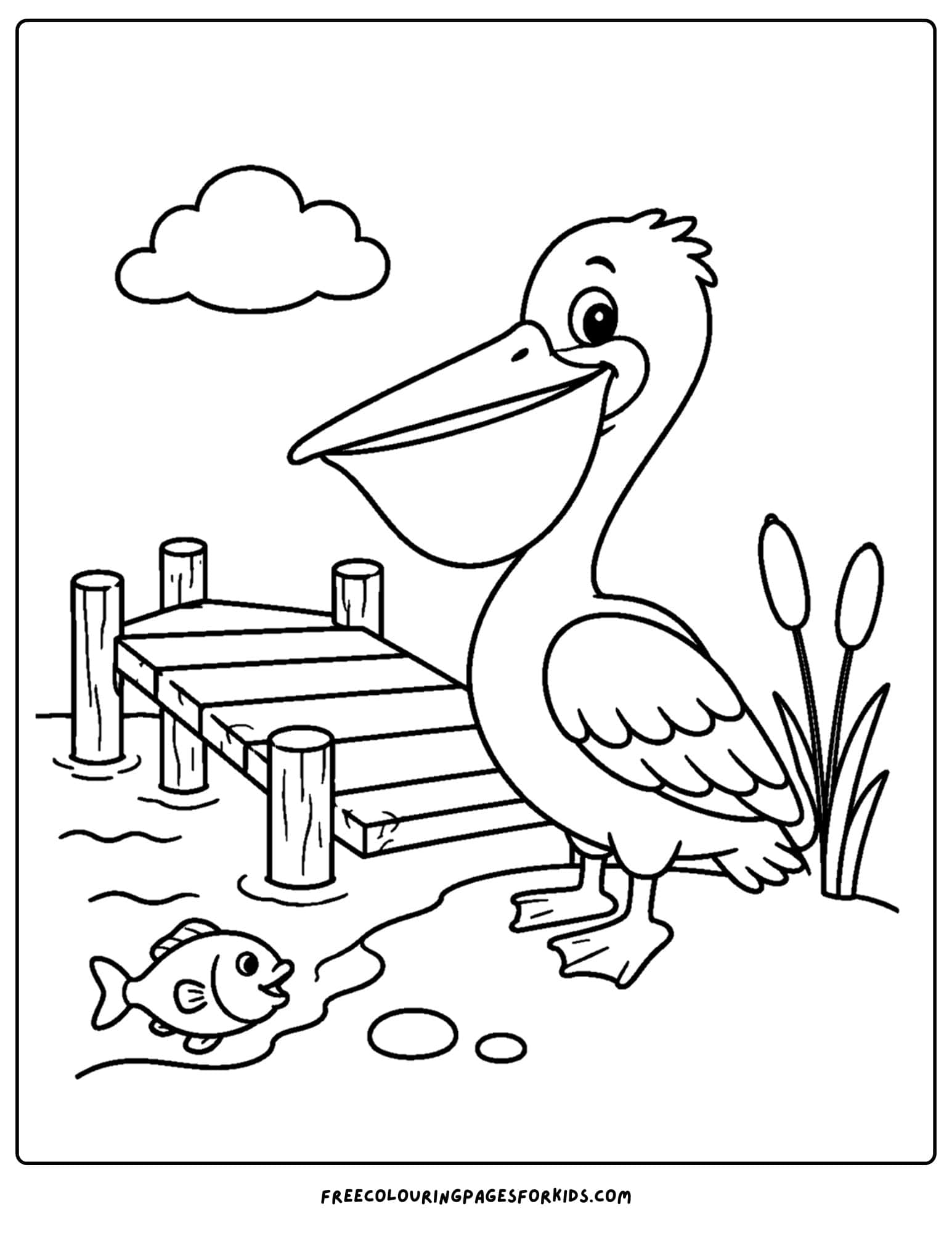 an australian animal coloring page featuring a pelican beside a wooden pier