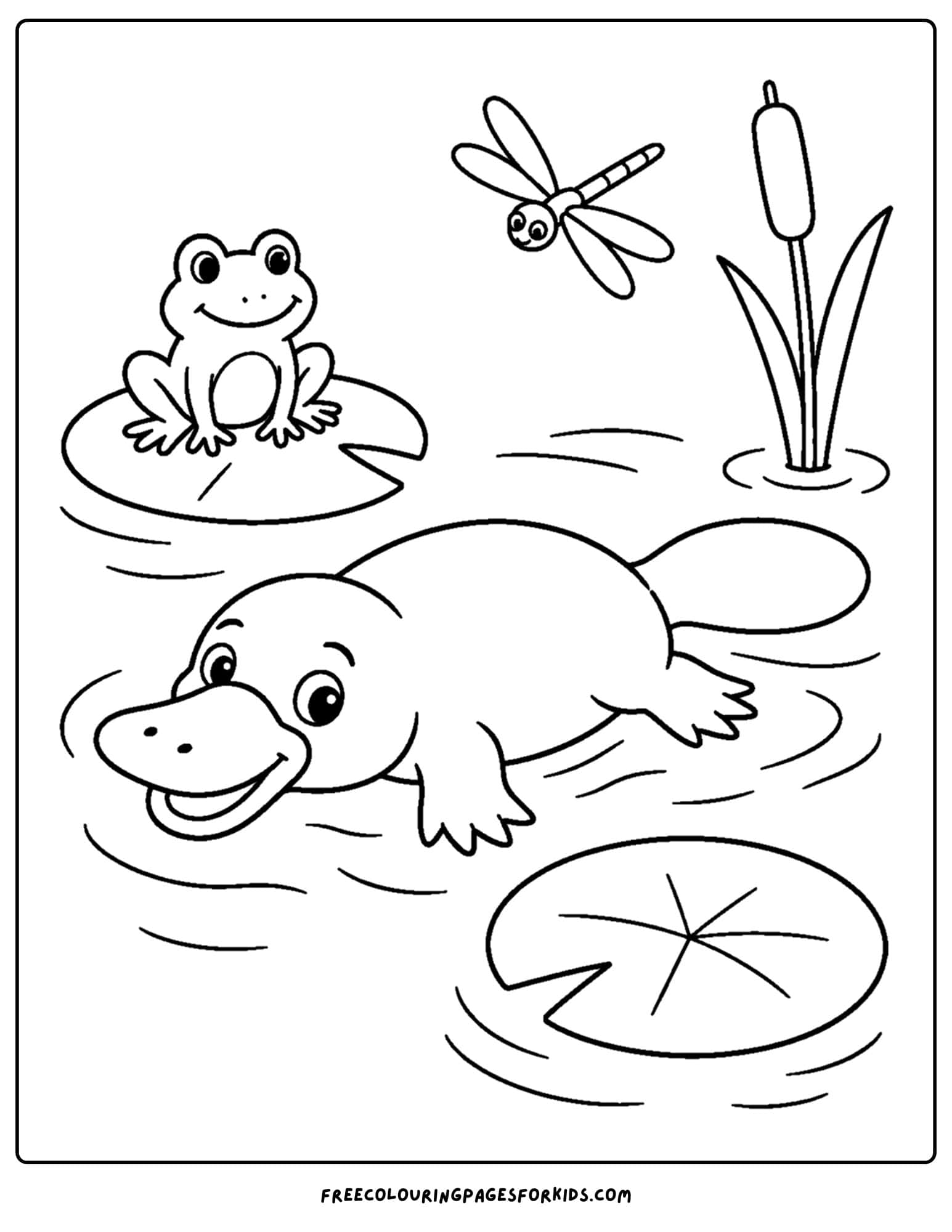 an australian animal coloring page featuring a platypus in a pond