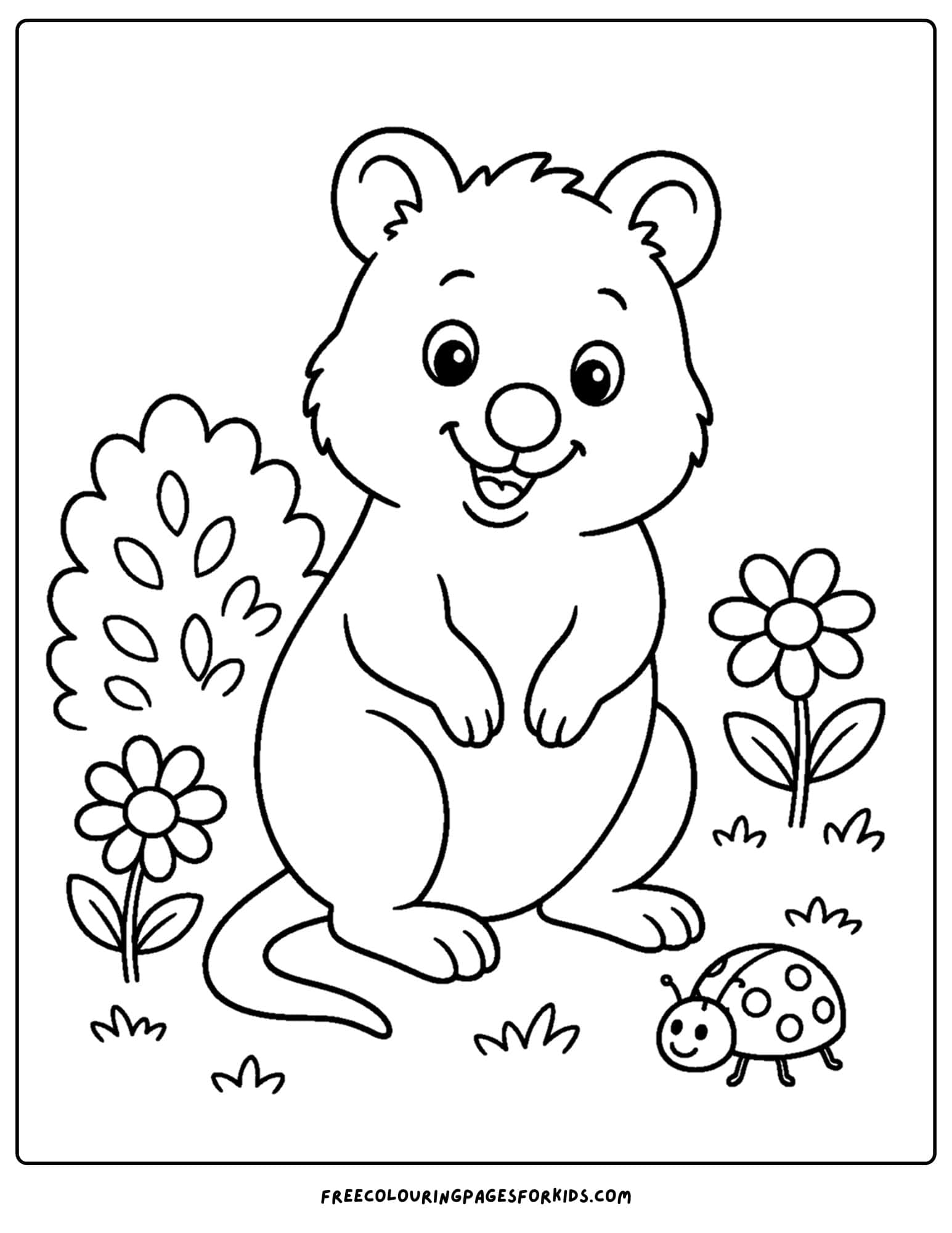 an australian animal coloring page featuring a quokka amongst some bushes and flowers