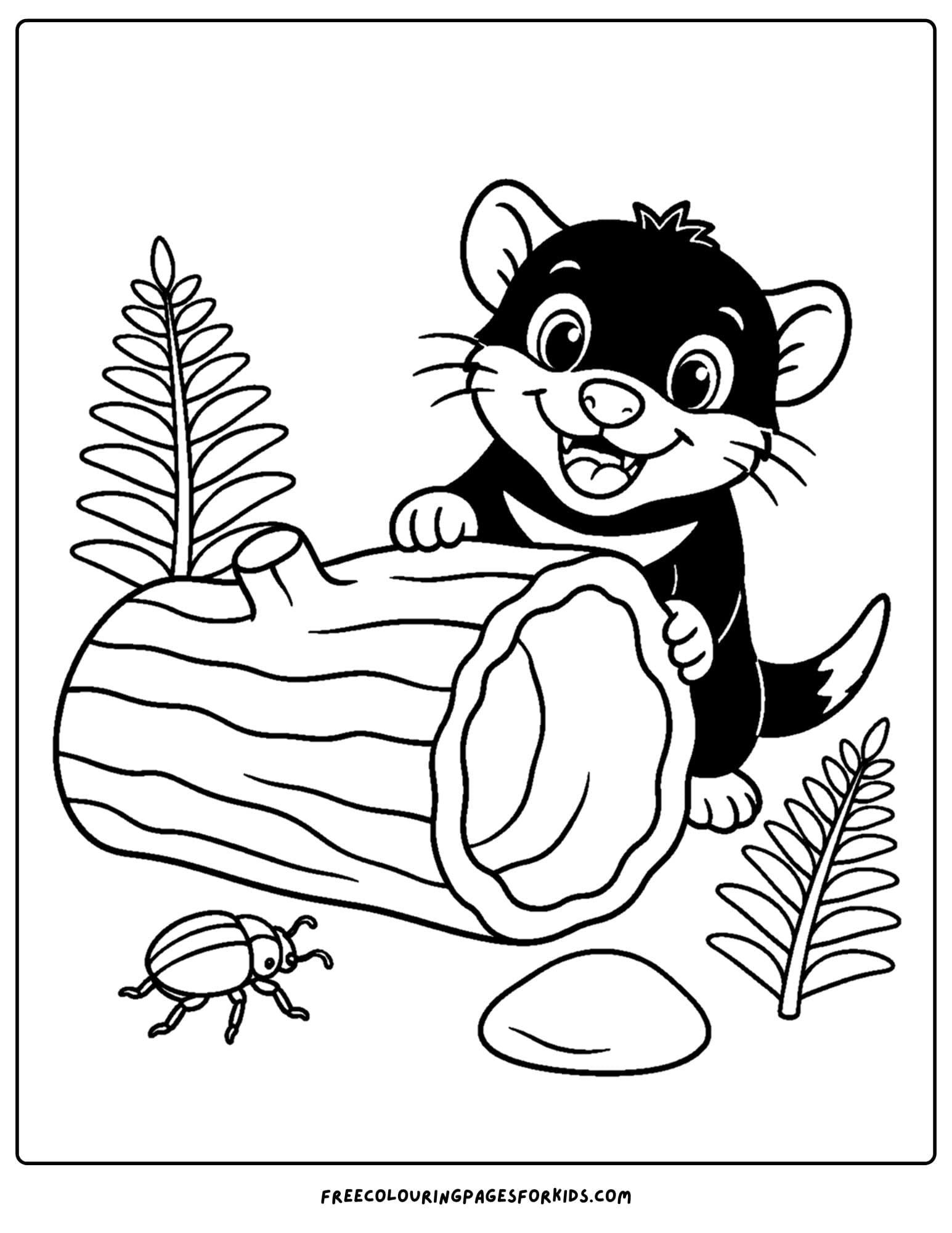 an australian animal coloring page featuring a tasmanian devil beside a log