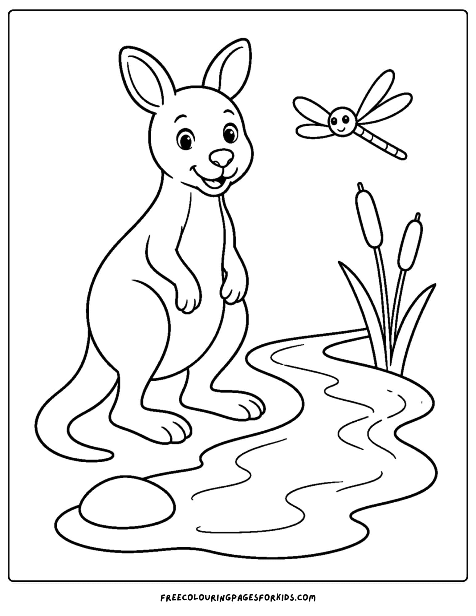 an australian animal coloring page featuring a wallaby beside a creek