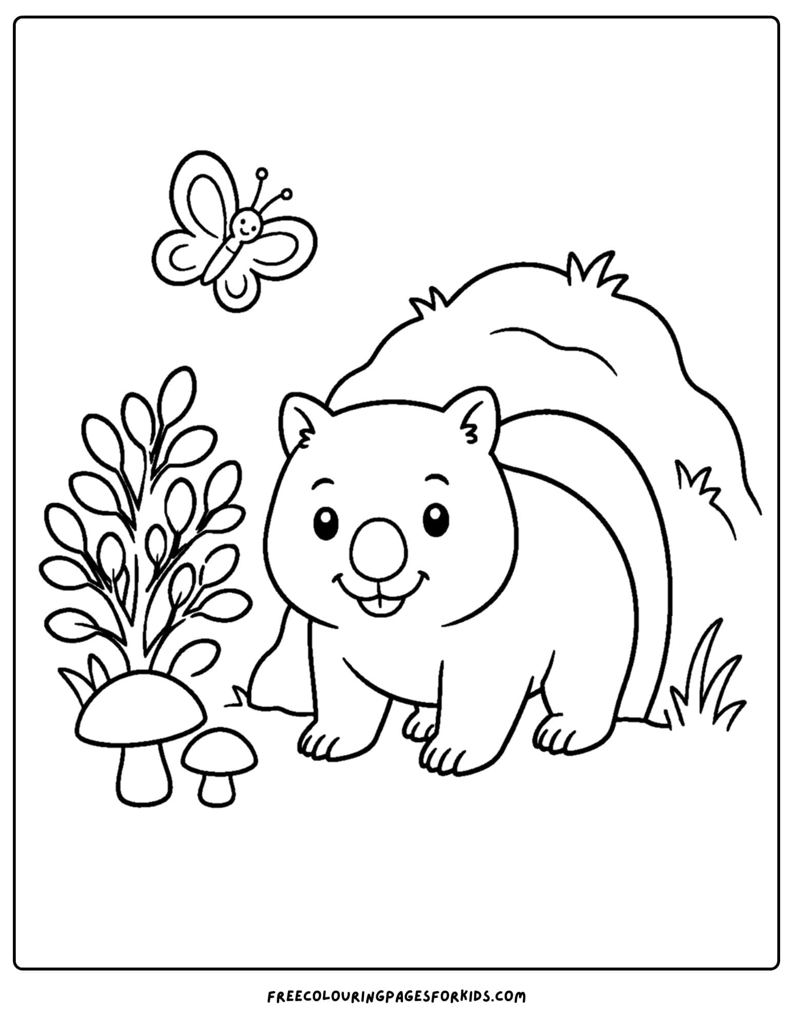 an australian animal coloring page featuring a wombat coming out of a burrow