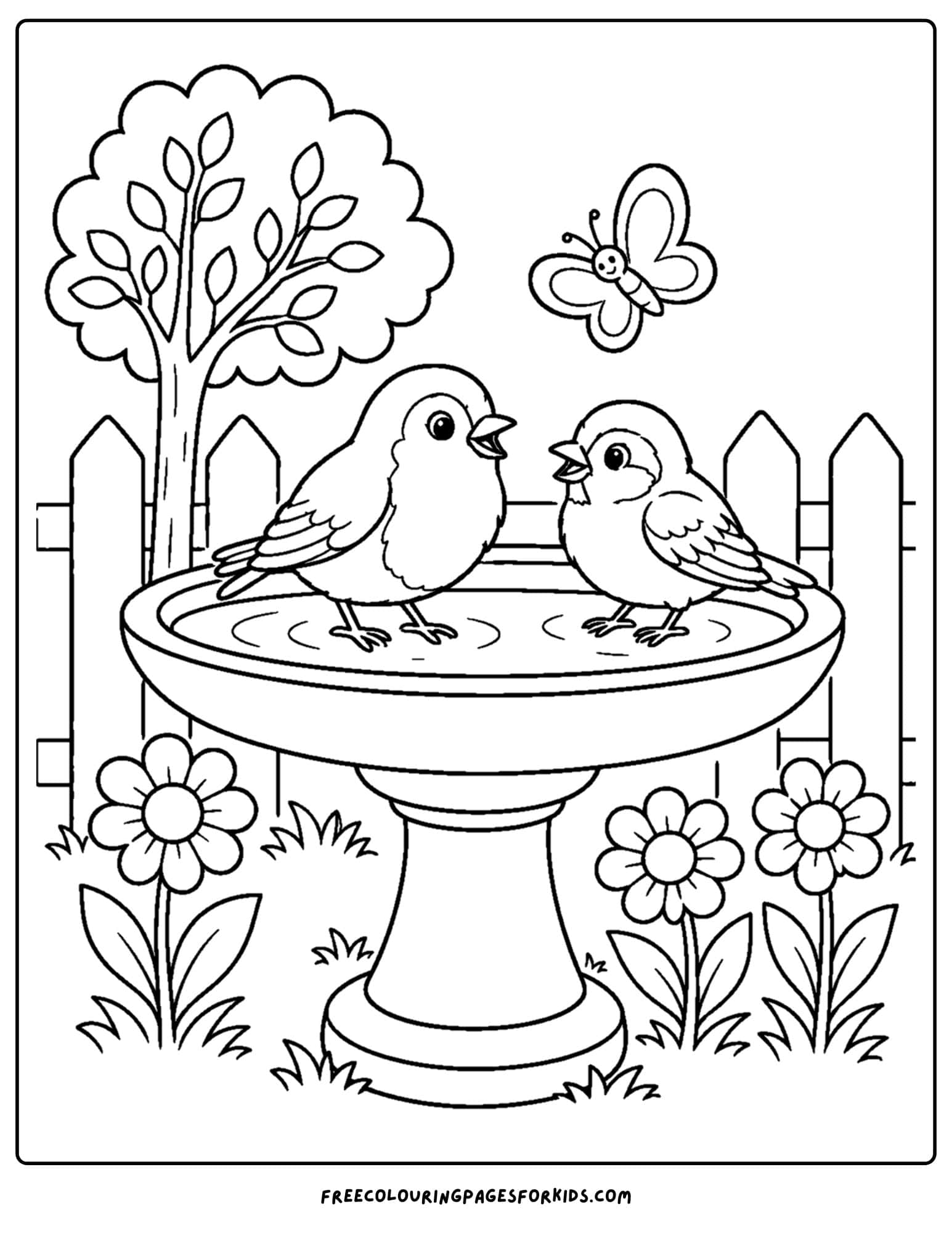 a coloring page of a bird bath in a garden with two birds visiting
