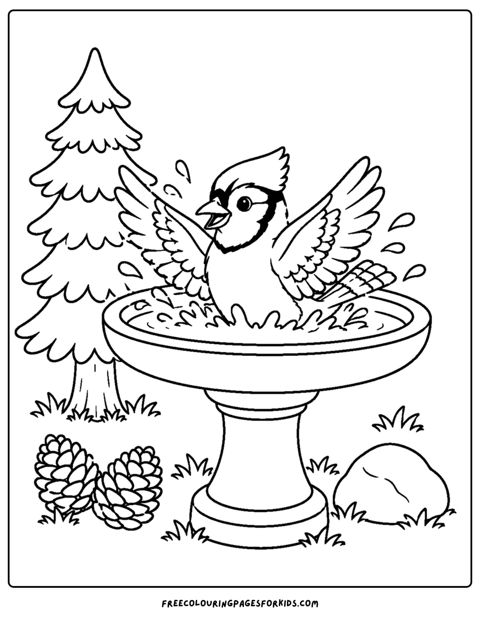 a coloring page of a bird bath with a blue jay splashing around