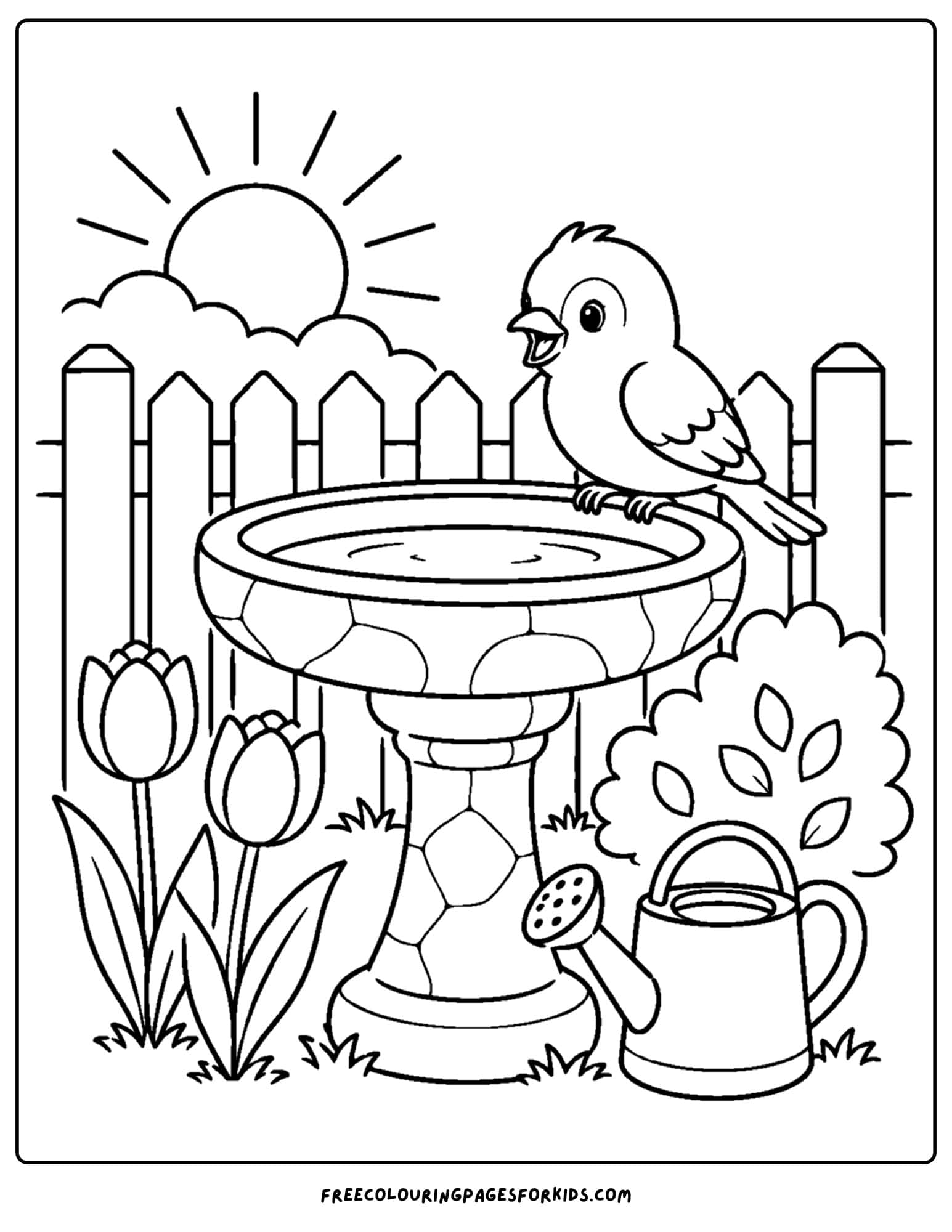 a coloring page of a bird bath with at sunrise with a bluebird