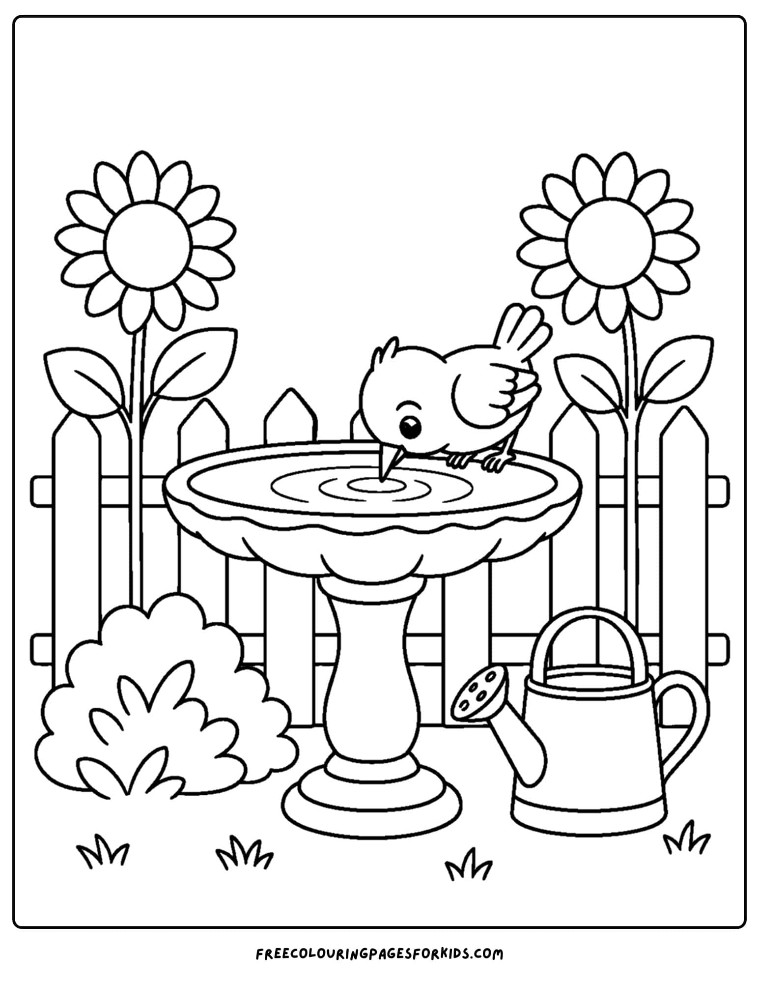 a coloring page of a bird bath with a bluebird