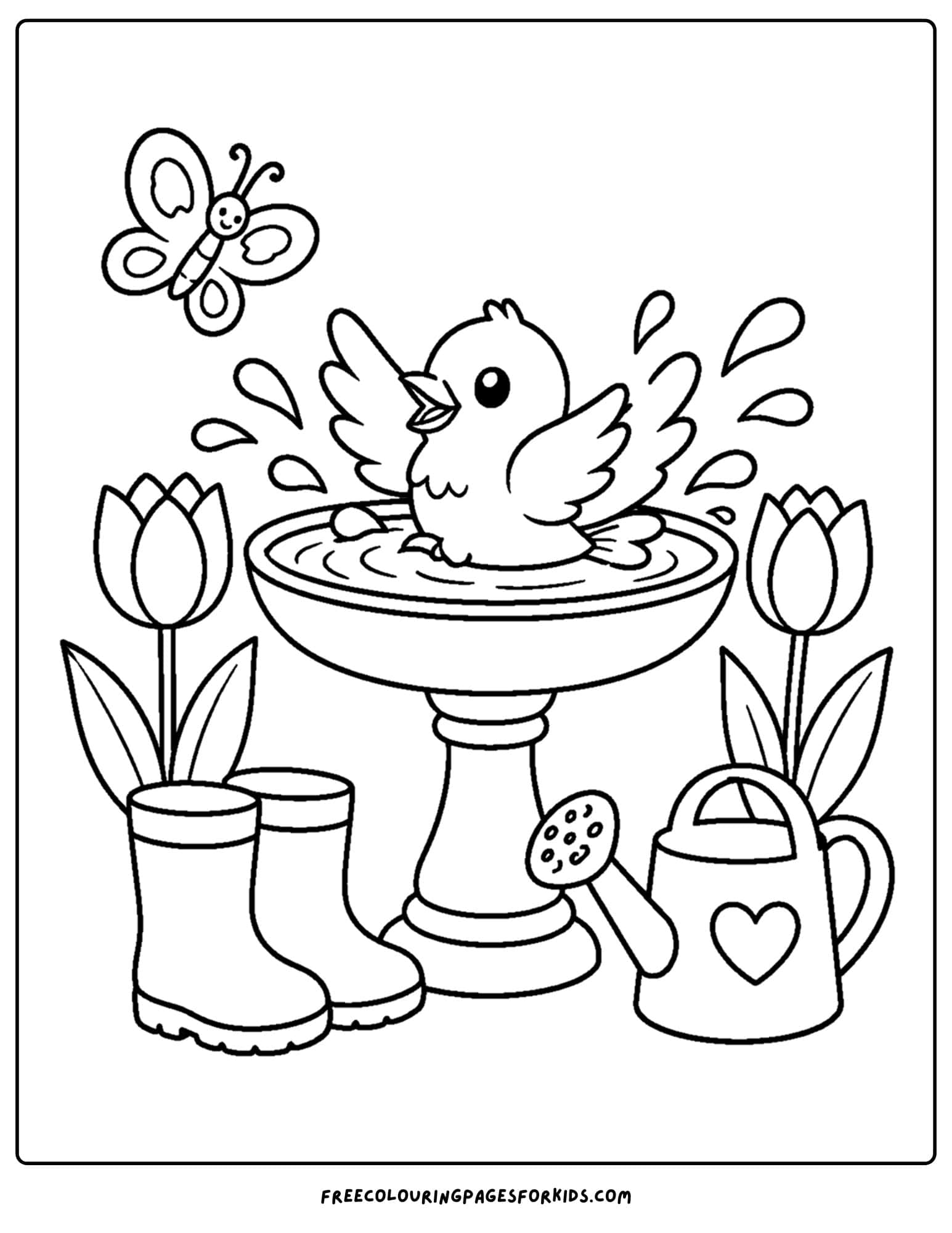 a coloring page of a bird bath with a bluebird in the water