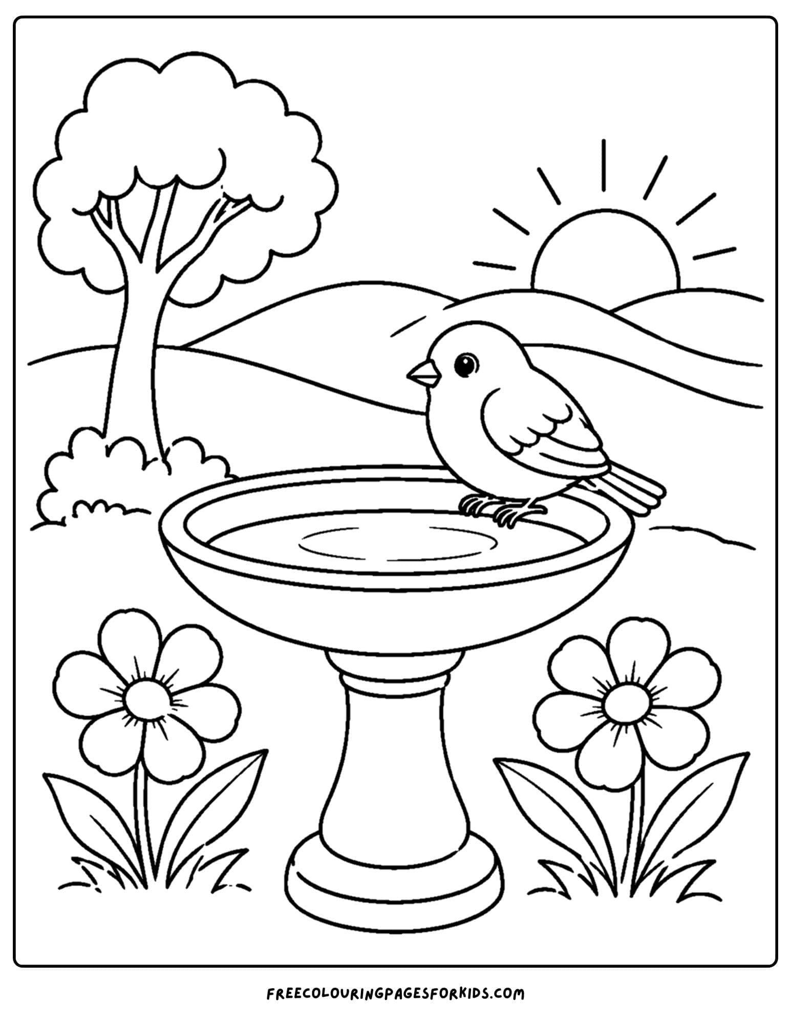 a coloring page of a bird bath with a bluebird sitting on the edge at sunset