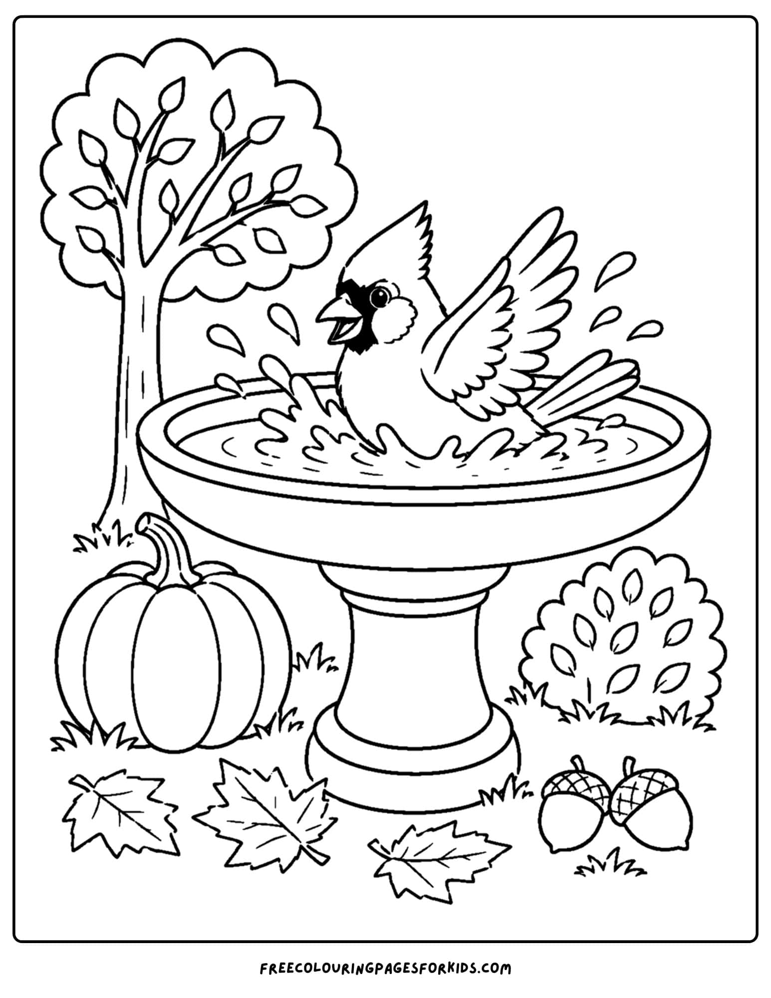a coloring page of a bird bath with a cardinal splashing around