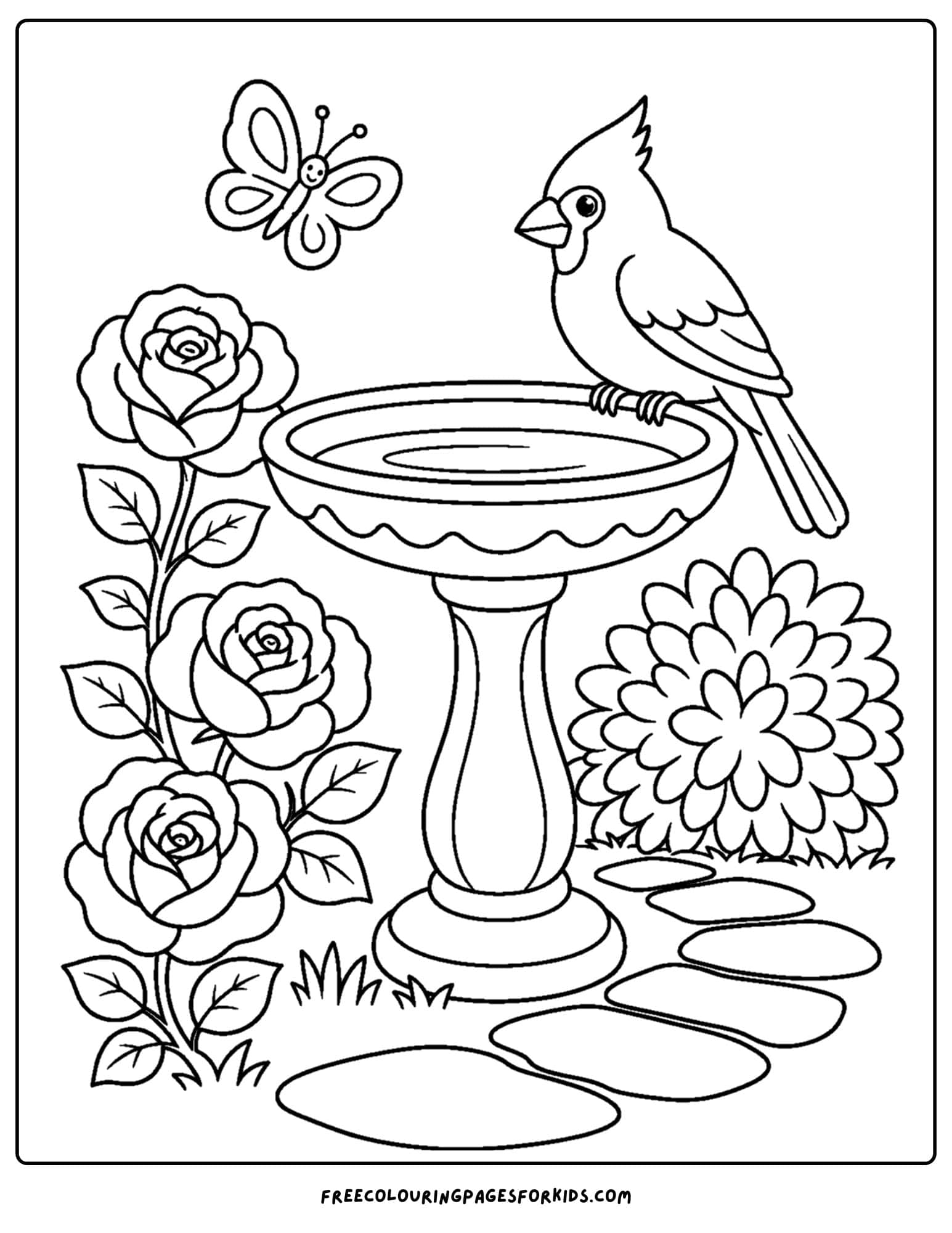 a coloring page of a bird bath in a rose garden with a cardinal