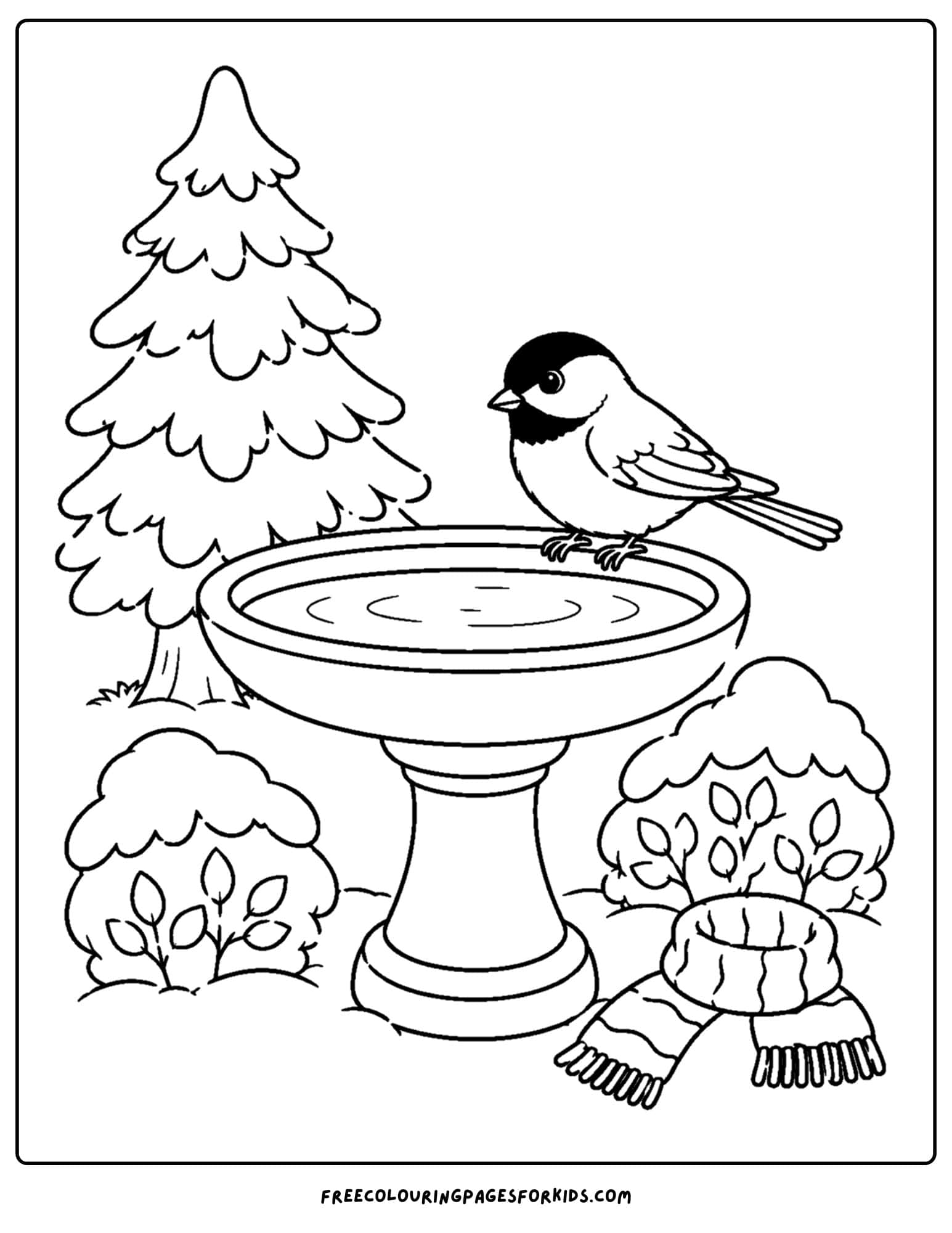 a coloring page of a bird bath with a chickadee visiting