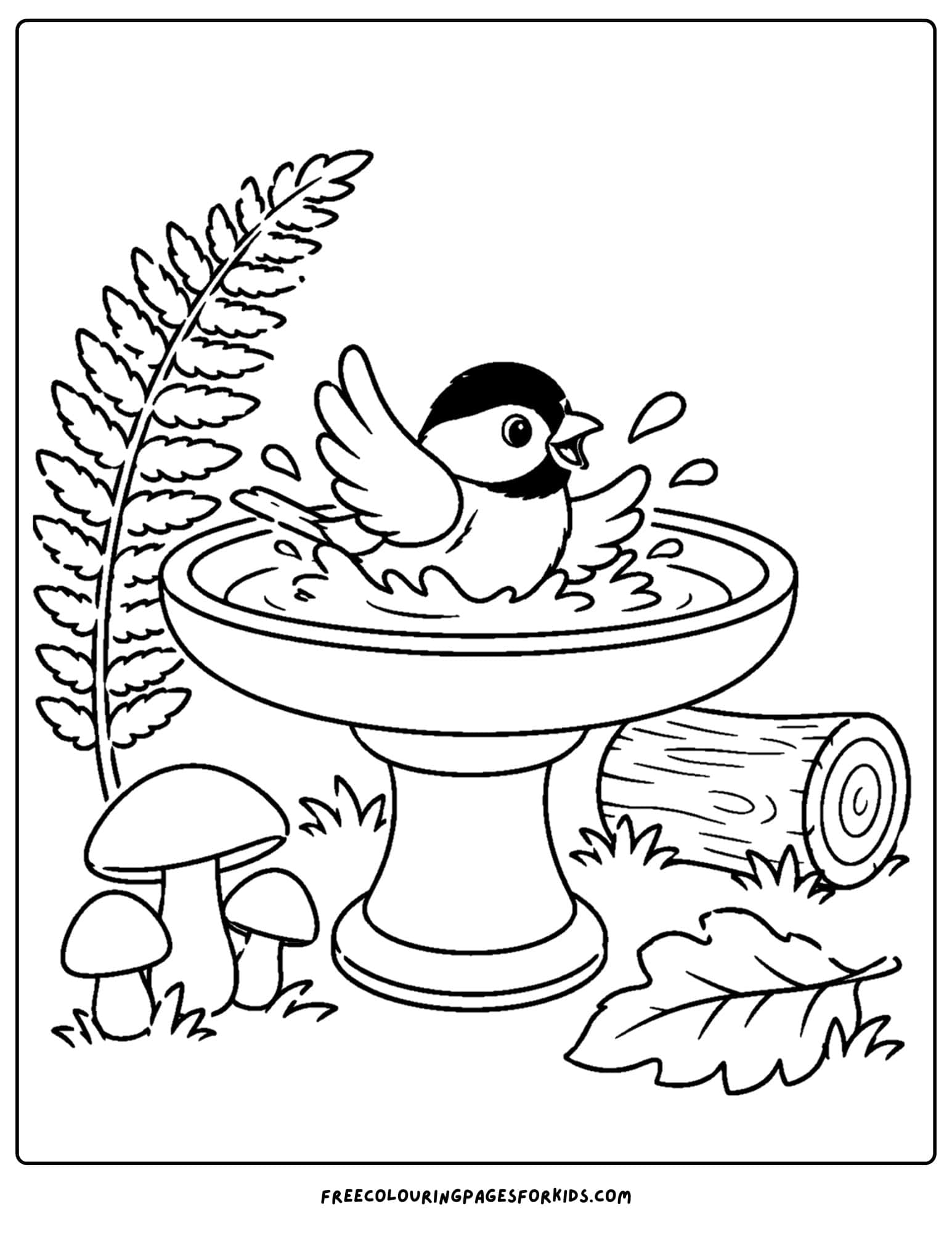 a coloring page of a bird bath with a chickadee splashing