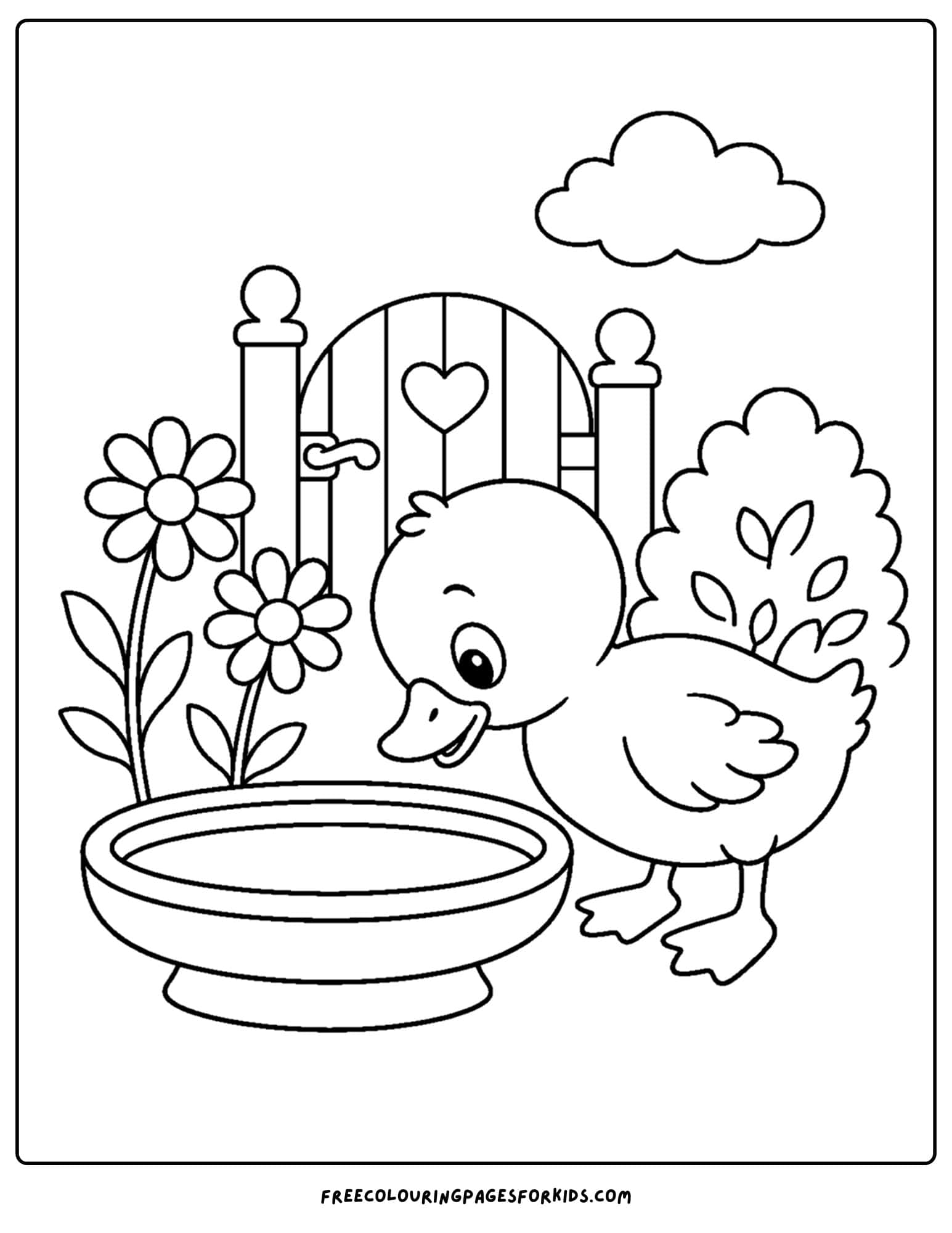 a coloring page of a bird bath with a curious duck