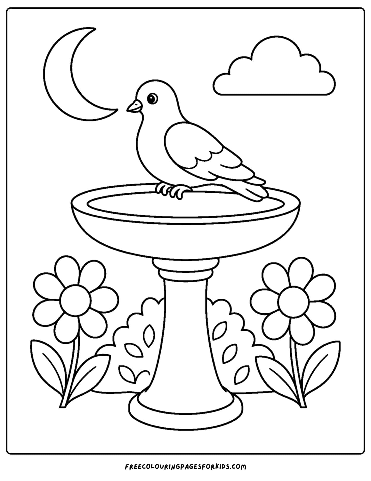 a coloring page of a bird bath with a dove sitting on the edge at night time
