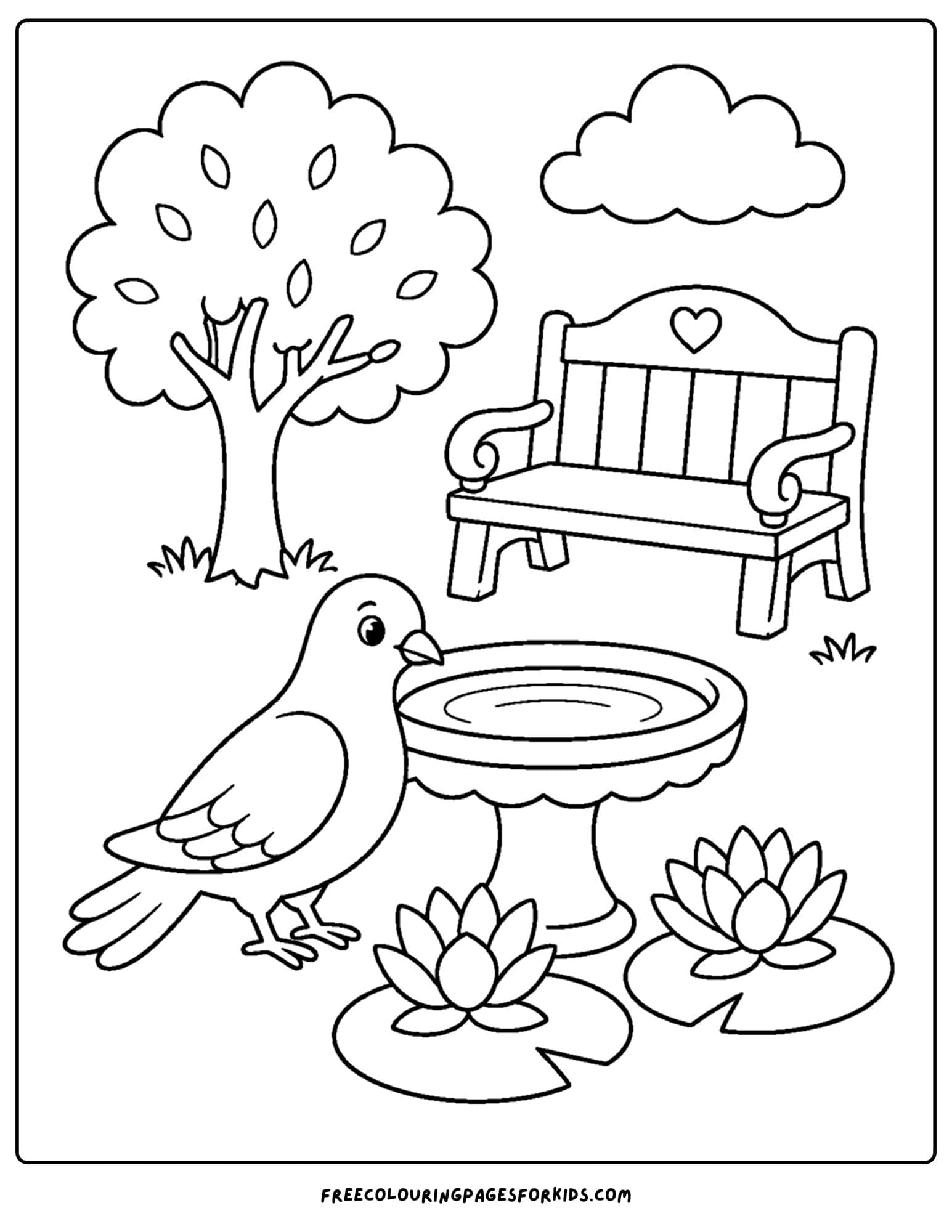 a coloring page of a bird bath in a peaceful garden setting
